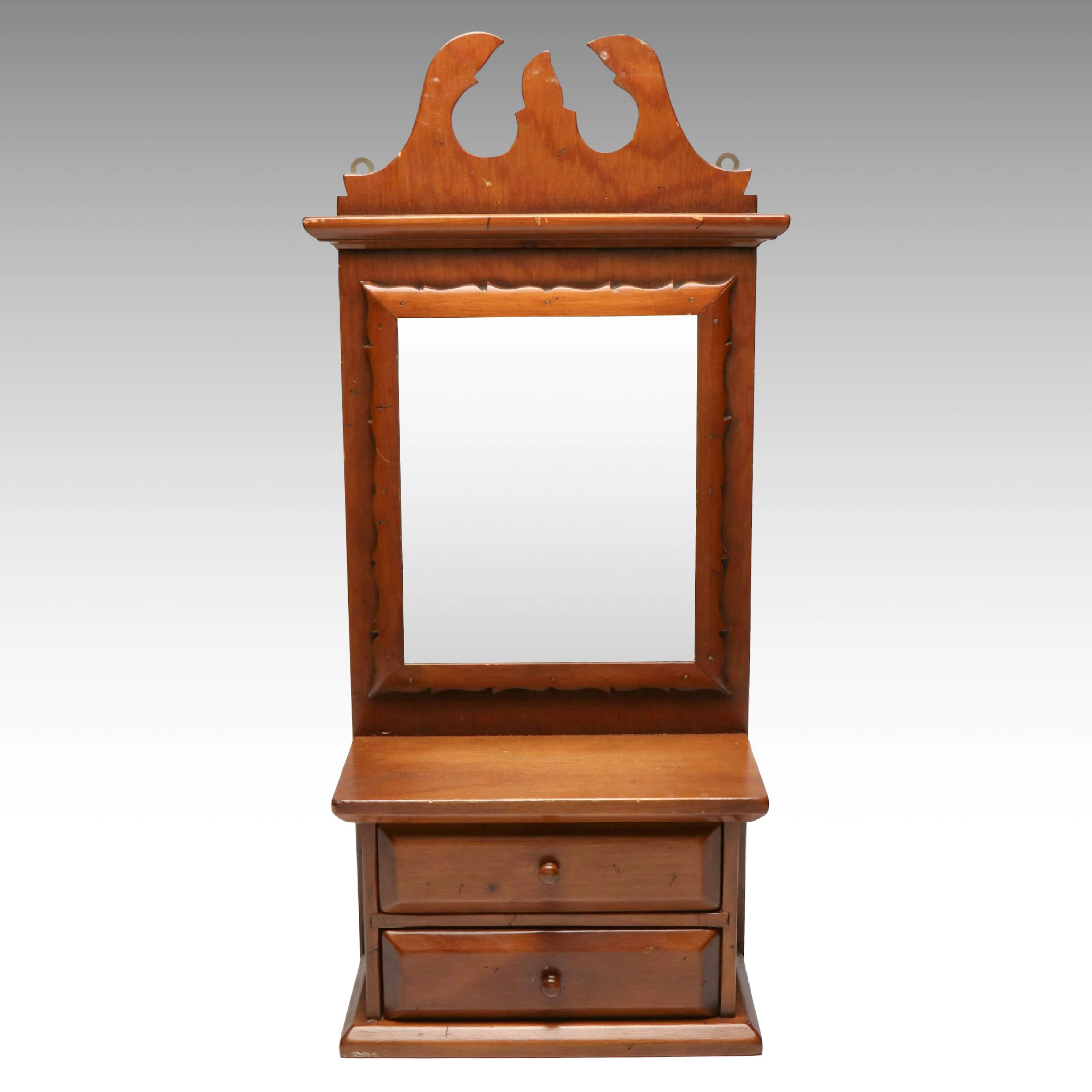 Colonial Revival Two-Drawer Wall Mount Wooden Shaving Mirror