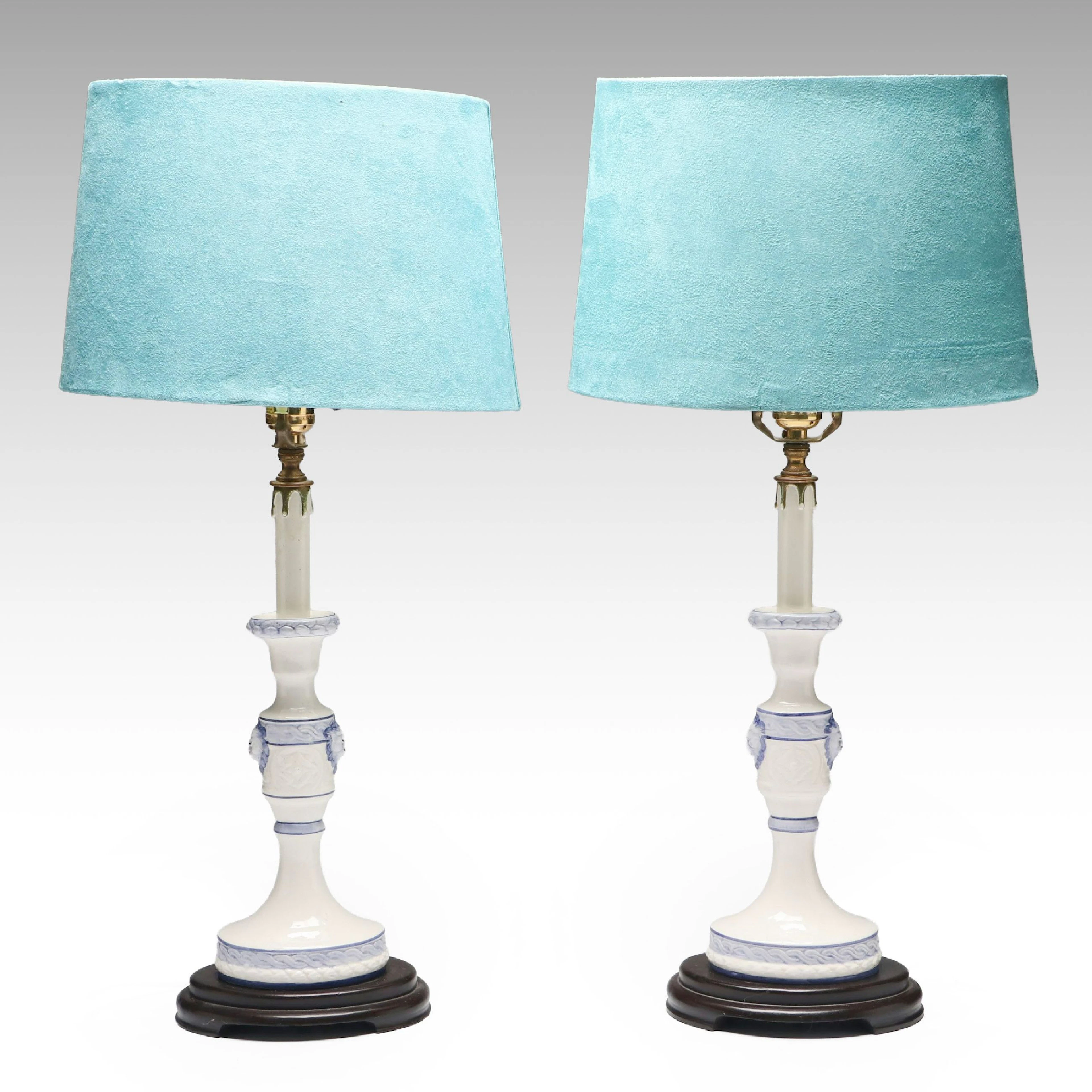 Blue and White Porcelain Lion Head Table Lamps with Suede Shades, Vintage