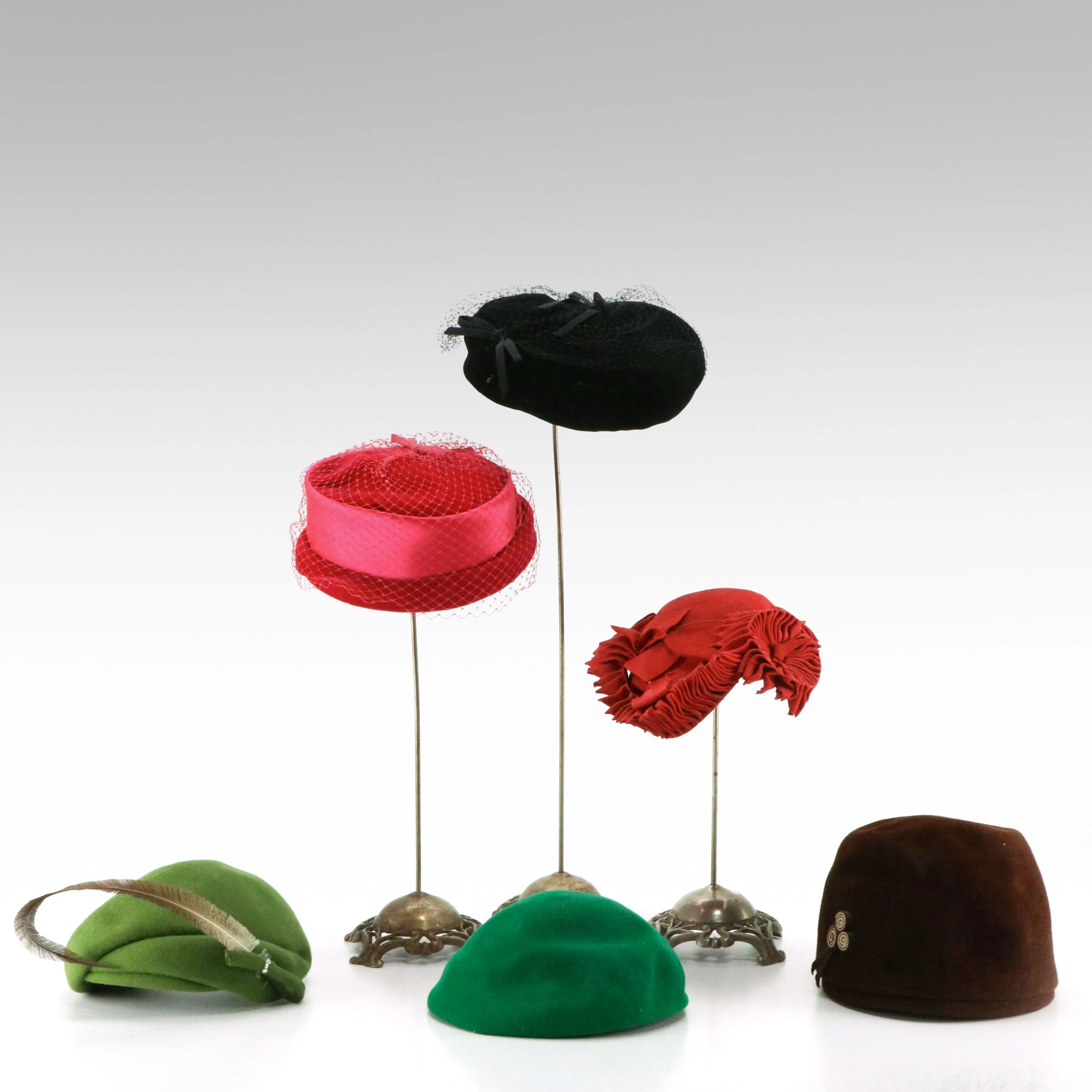 Vintage Sculpted Felt Hats, Cloche Hat, Pillbox Hat, Velvet Beret, Hat Stands