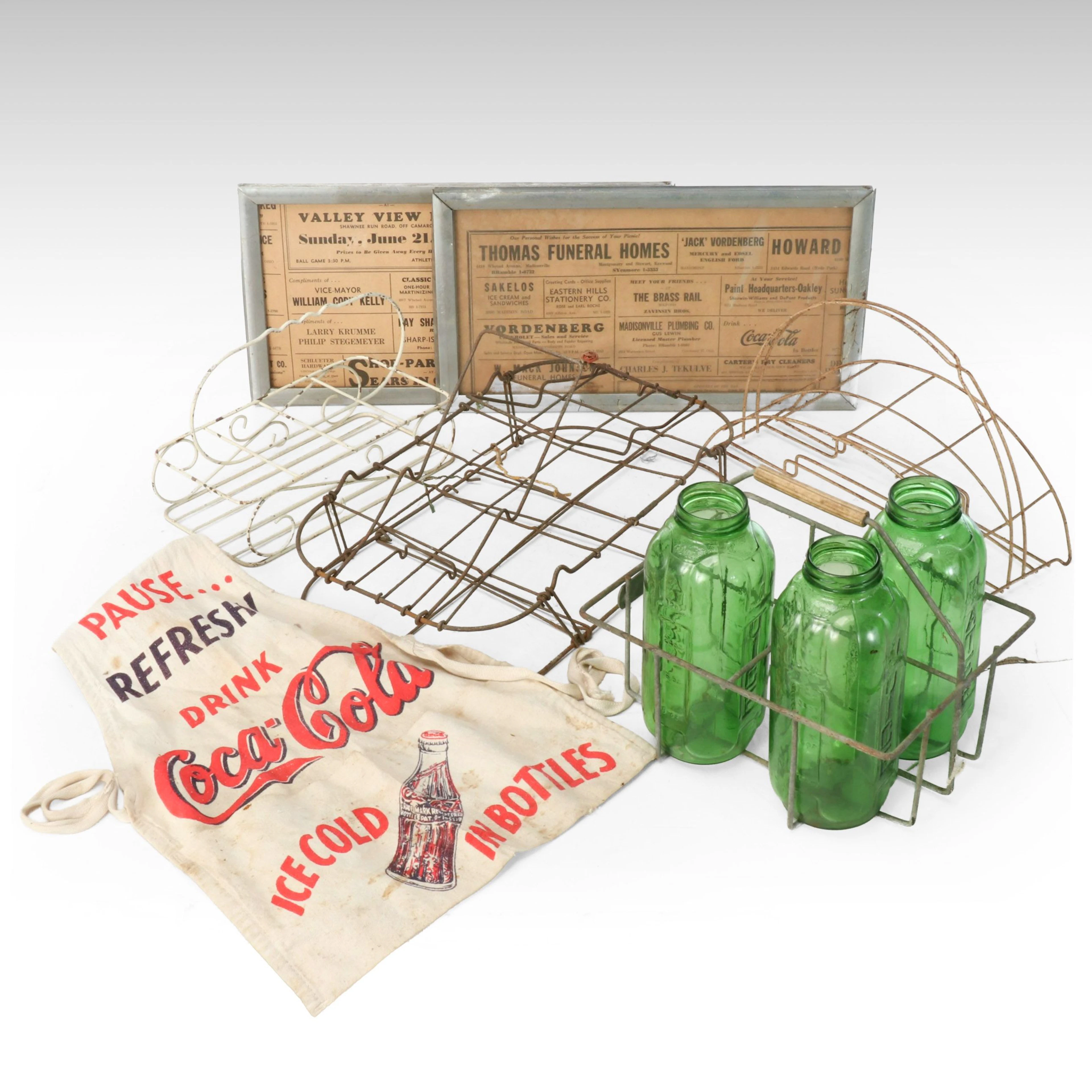 Coca-Cola Apron, Framed Advertisements with Racks and Glass Bottles