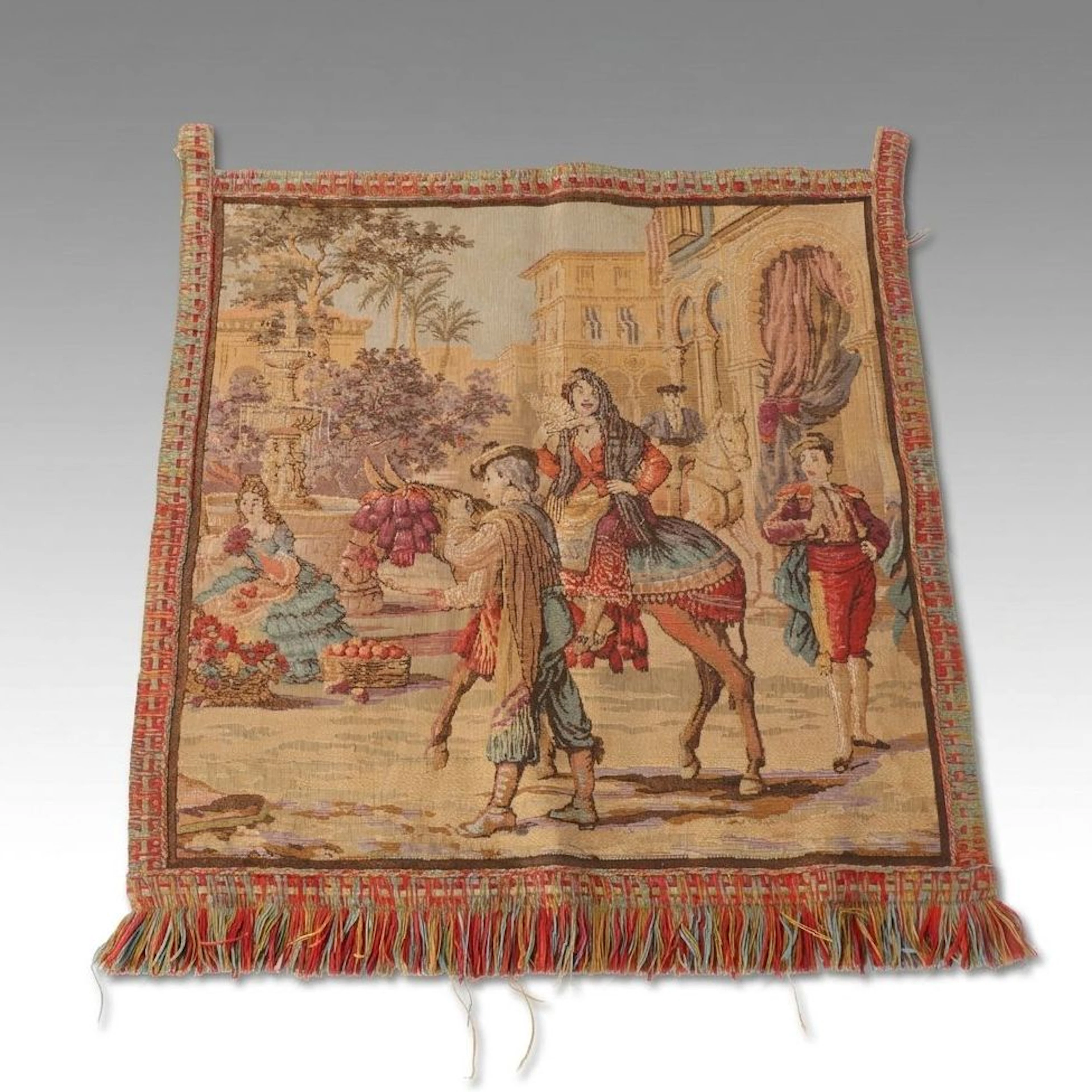 Vintage Woven Spanish Scene Tapestry with Fringe