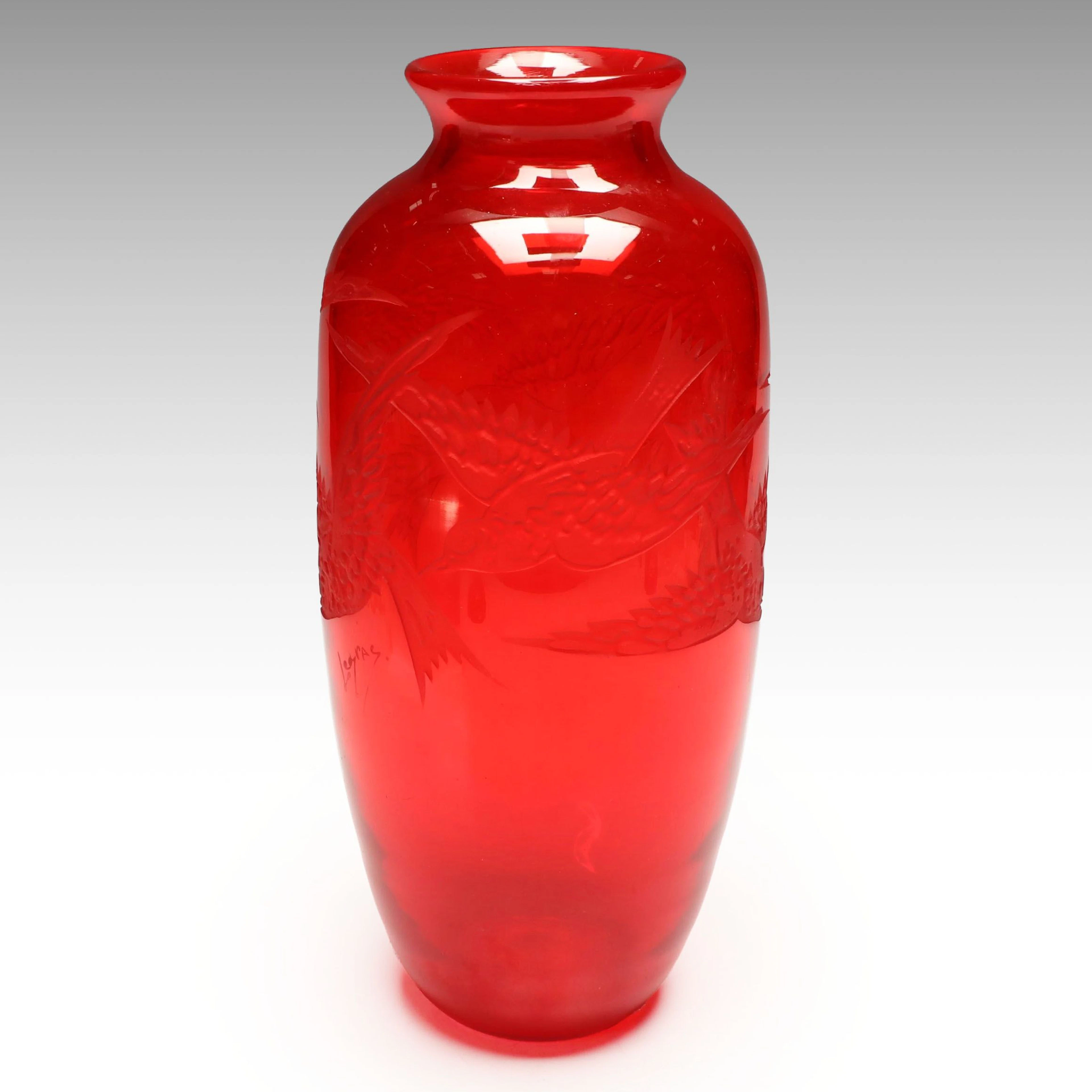 Legras Bird Motif Ruby Cameo Art Glass Vase