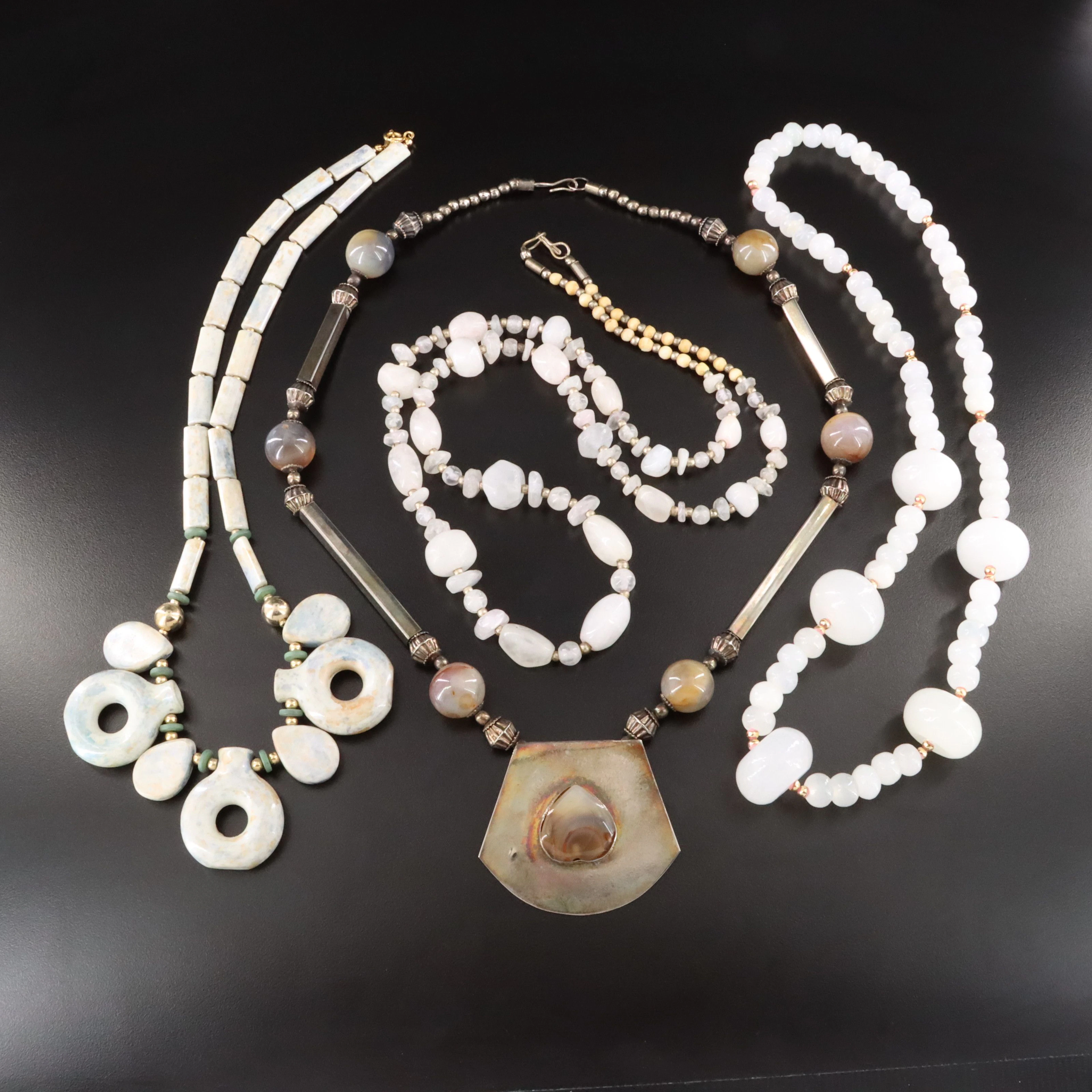 Agate, Quartz and Ceramic Featured in Necklace Selection