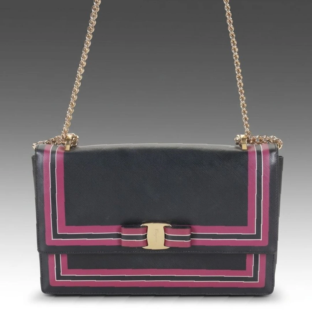 Salvatore Ferragamo Vara Bow Flap in Pink and Black Saffiano Leather