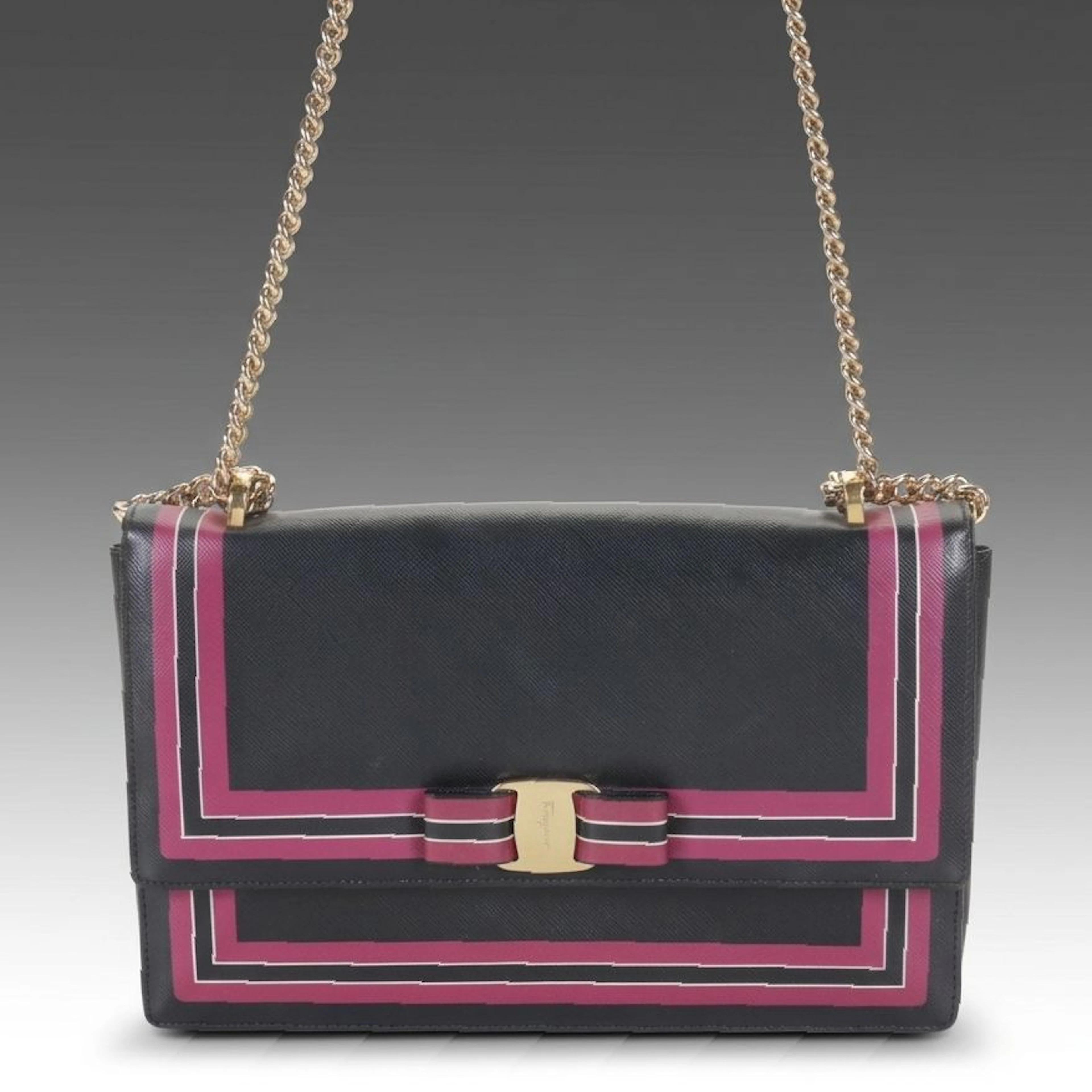 Salvatore Ferragamo Vara Bow Flap in Pink and Black Saffiano Leather
