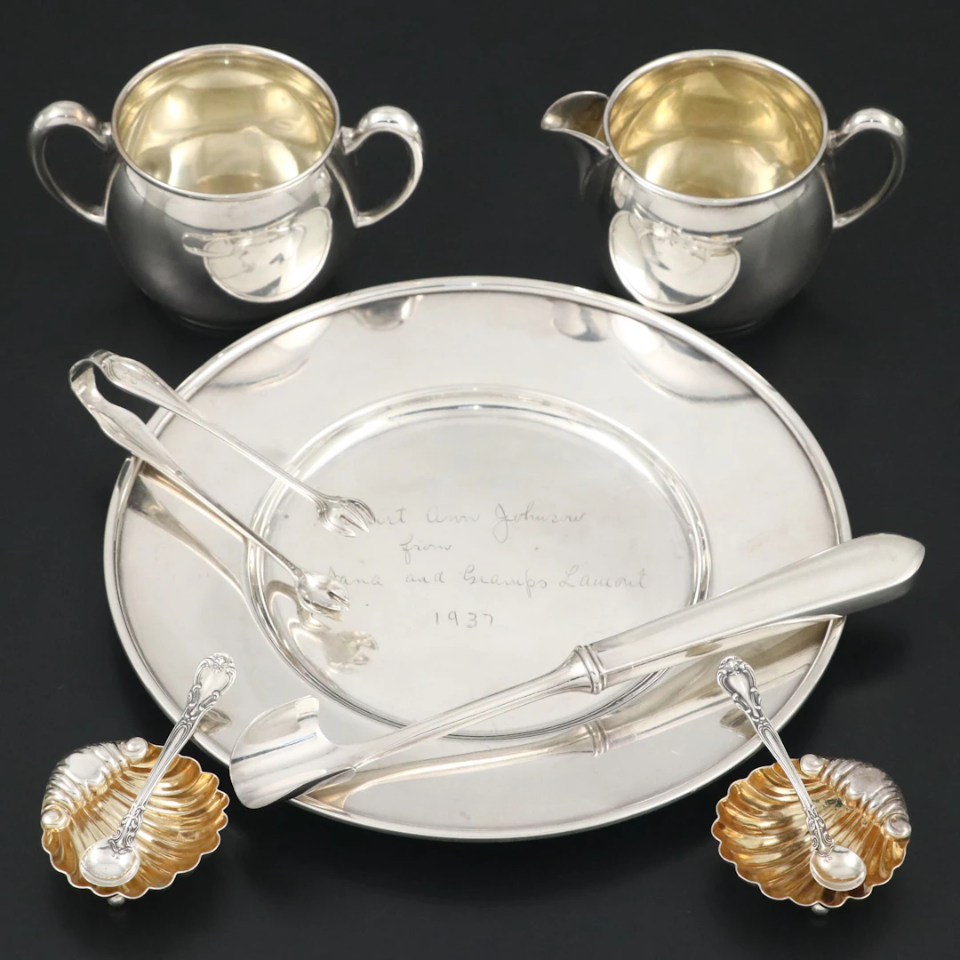 English and American Sterling Silver Table Accessories and Commemorative Plate