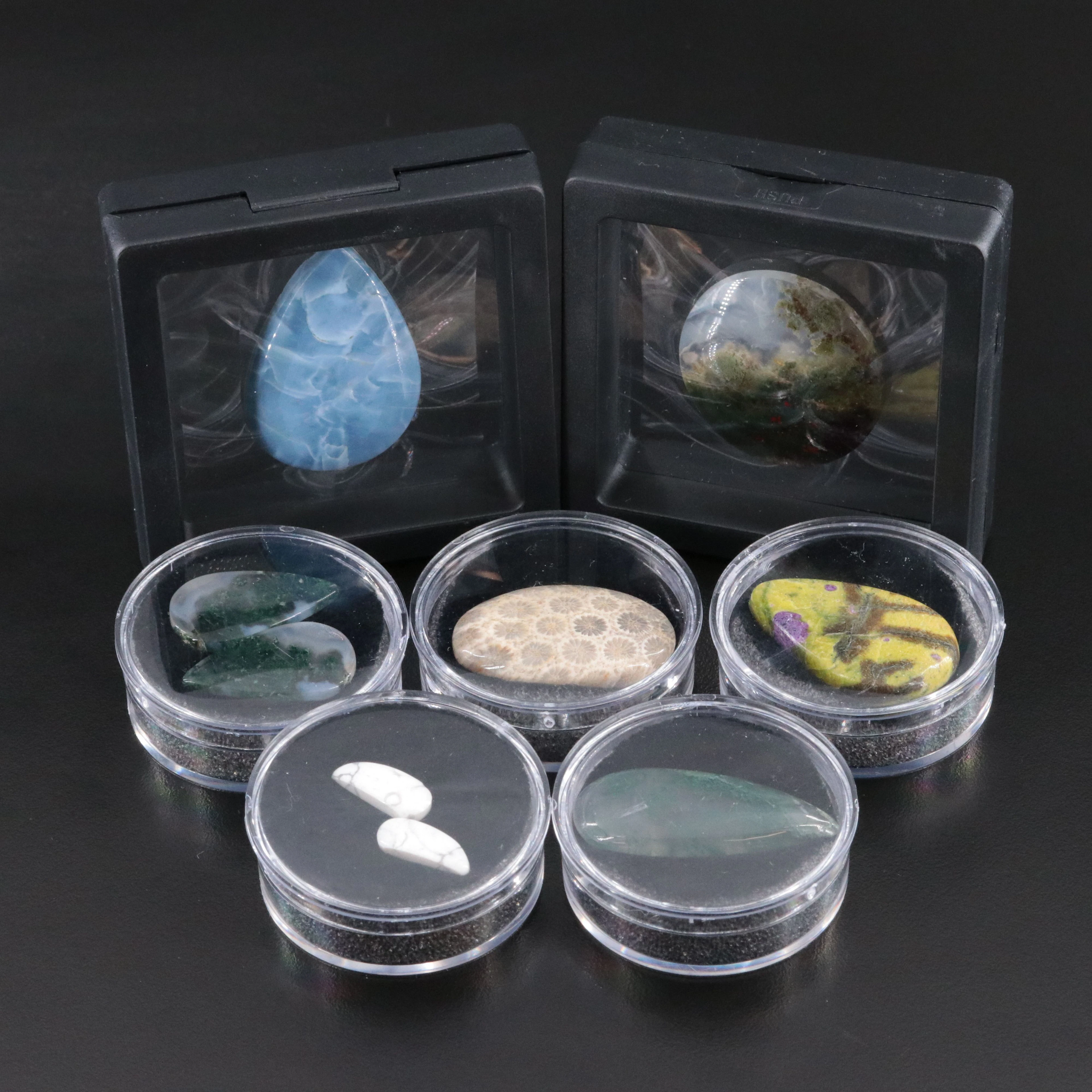 Loose Cabochon Lot Featuring Atlantisite, Moss Agate and Fossil Coral