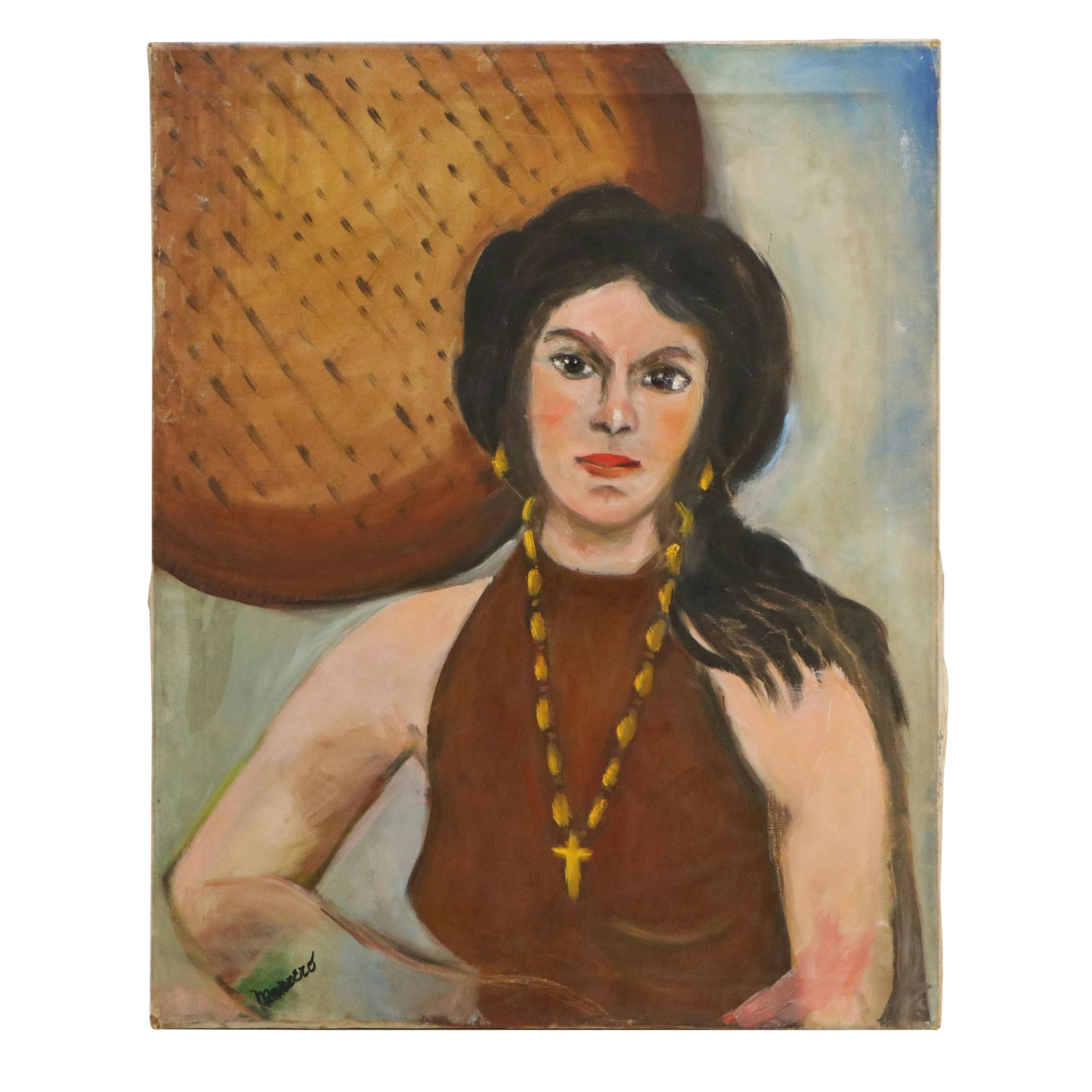 Edith Susarret Marrero Portrait Oil Painting "The Straw Fan," Late 20th Century