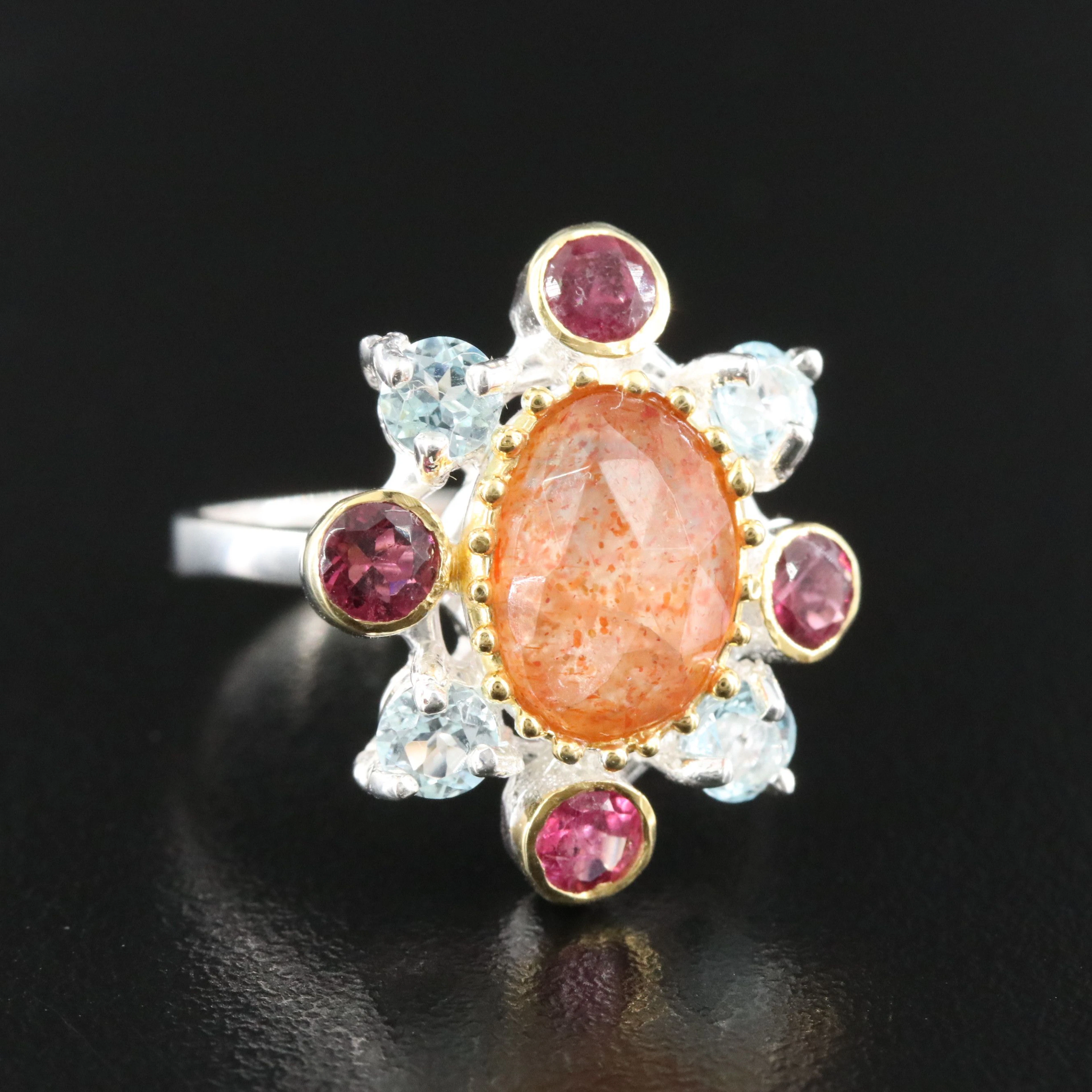 Sterling Sunstone, Tourmaline and Blue Topaz Ring