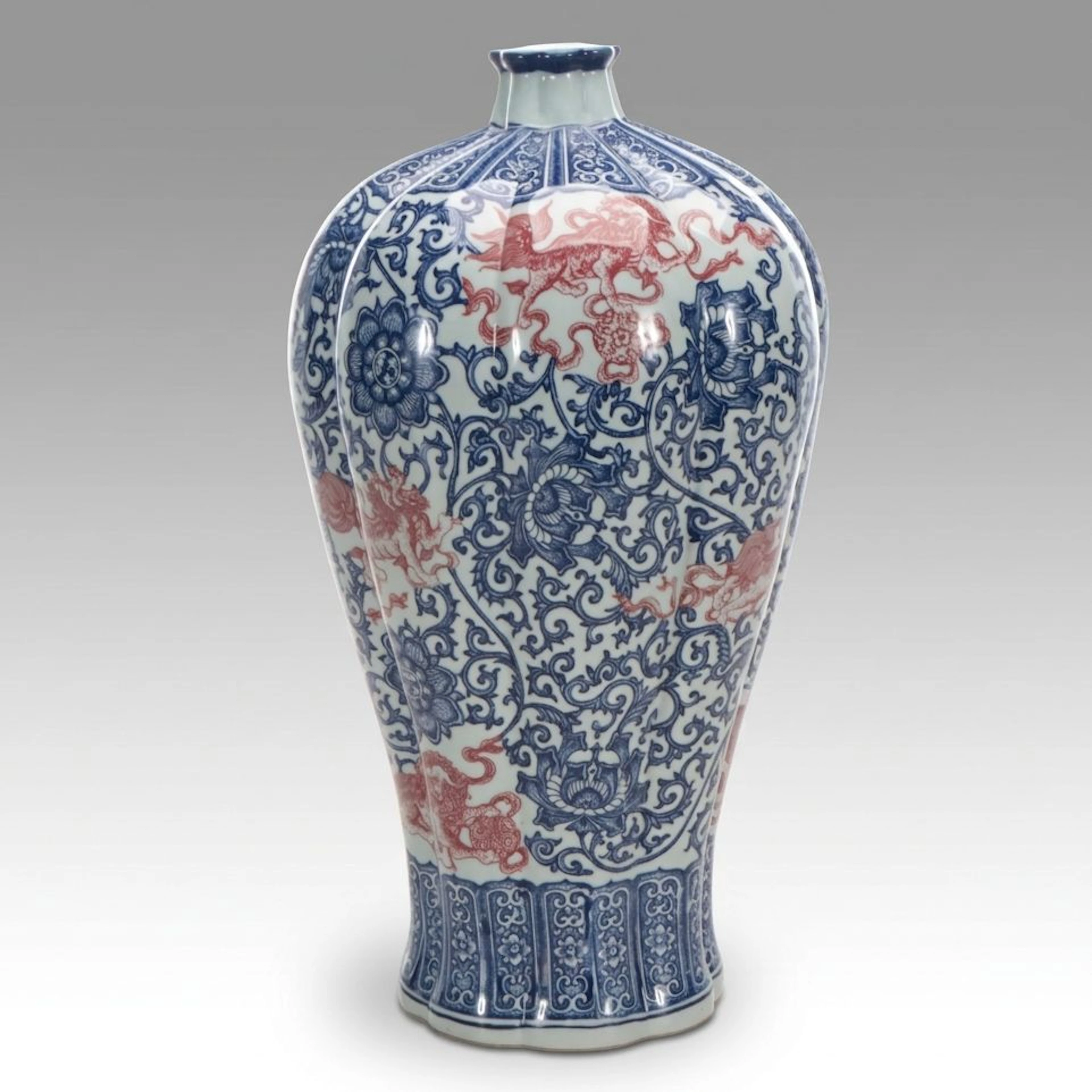 Chinese Blue & White Underglaze Red Porcelain Dragon Vase, Meiping Style