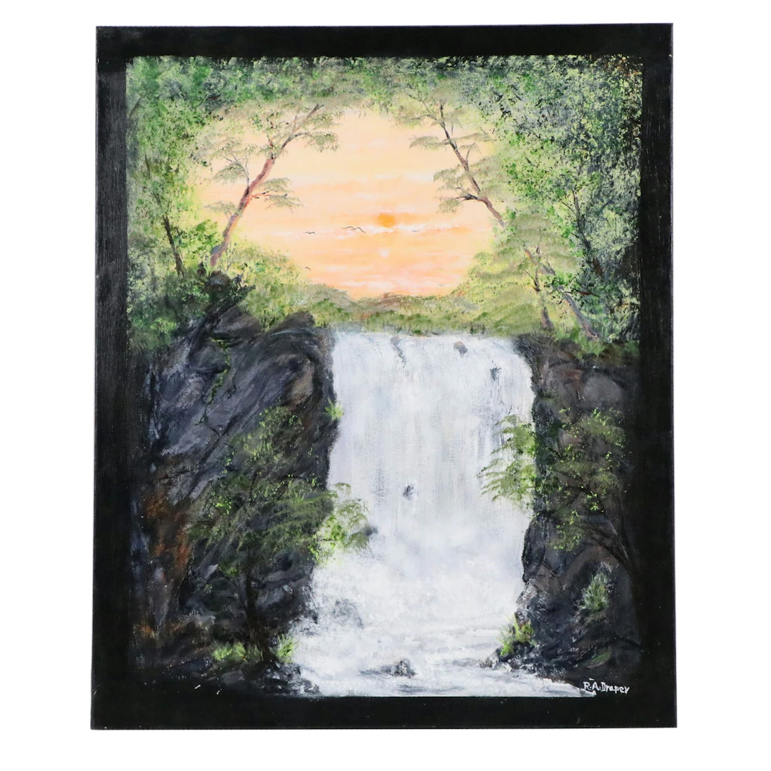 R. A. Draper Landscape Acrylic Painting of Sunset Waterfall