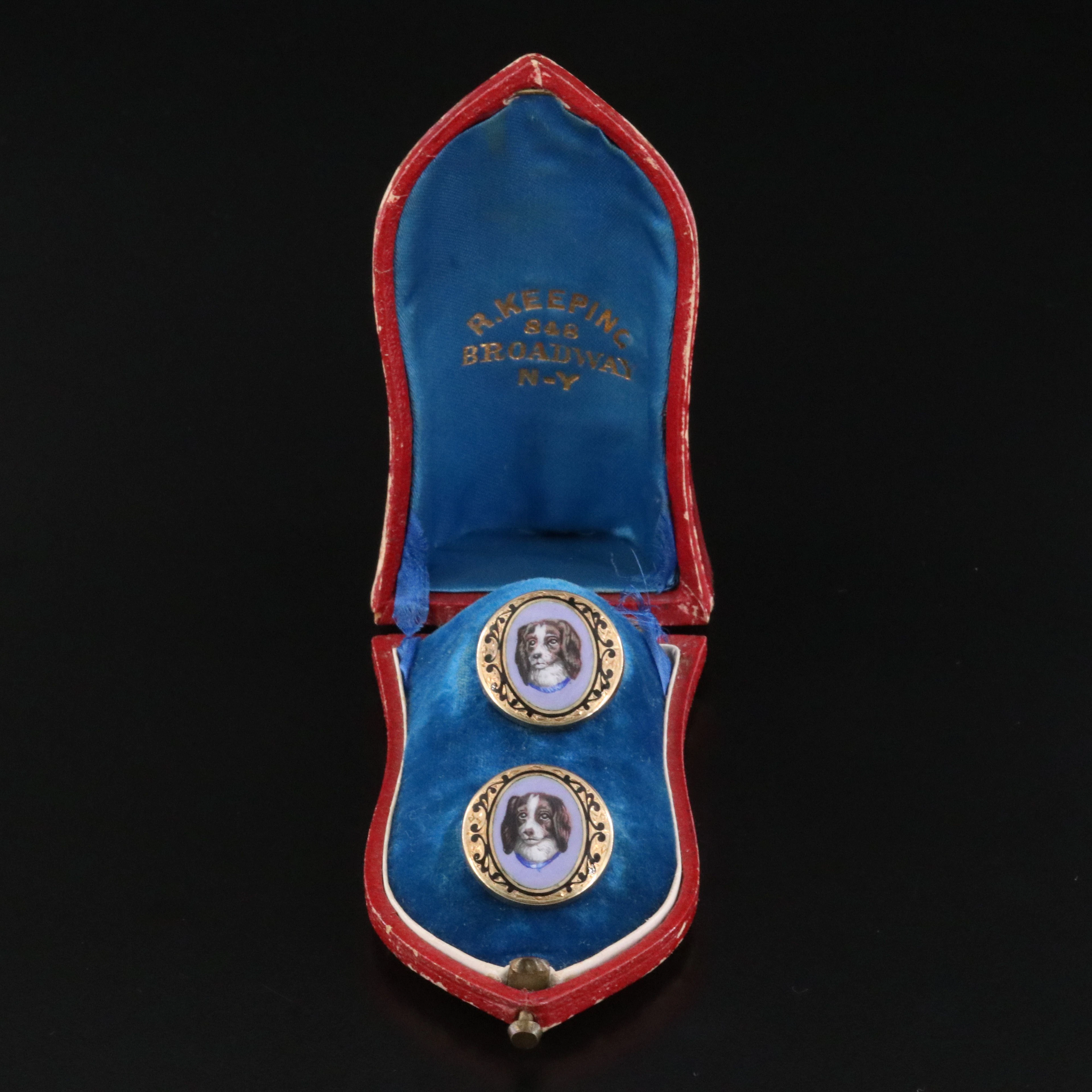 Late 1800s 14K Enamel Spaniel Portrait Collar Buttons with Box