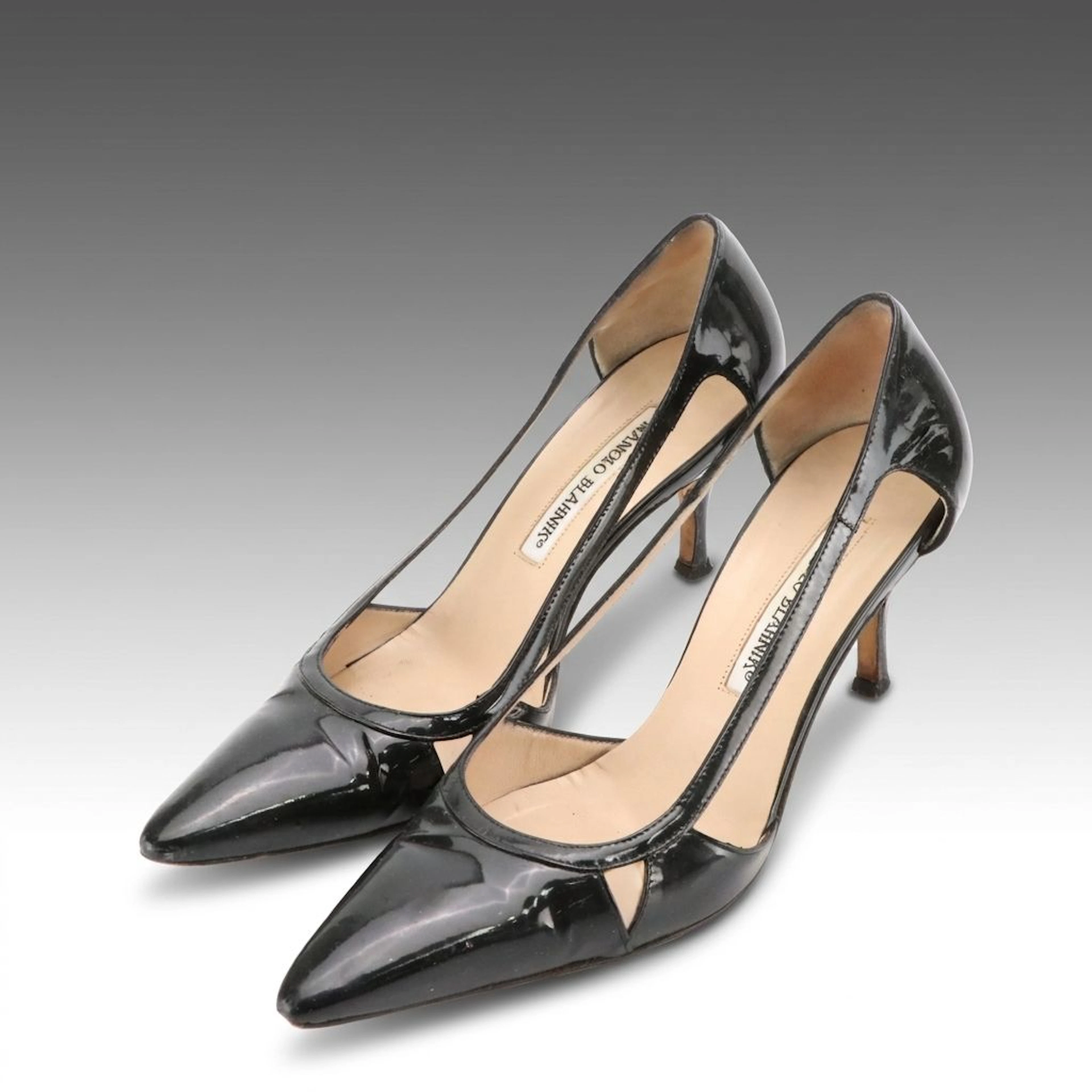 Manolo Blahnik D'Orsay Cutout Side Pointed-Toe Heels in Black Patent Leather
