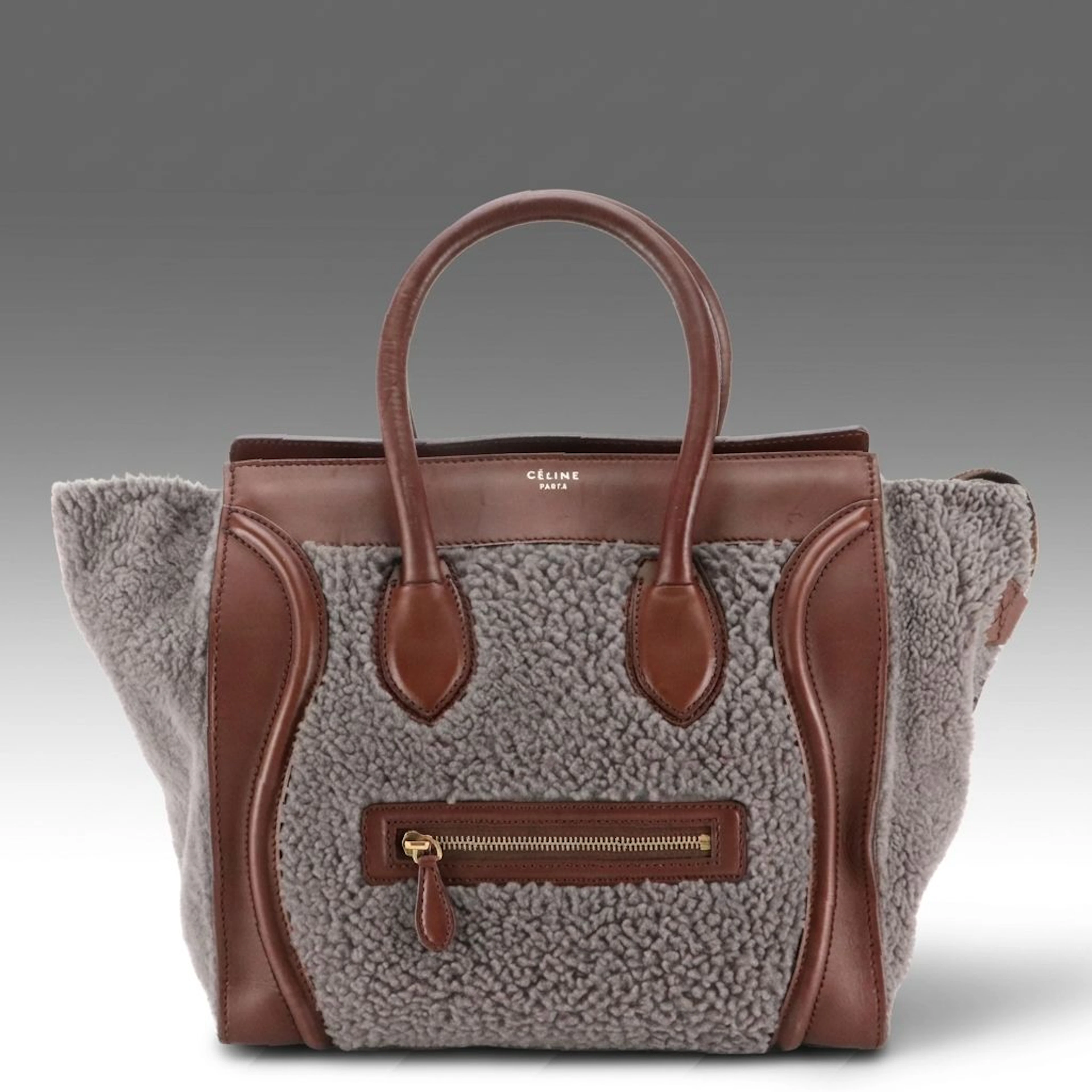 Céline Luggage Tote in Grey Shearling and Brown Leather