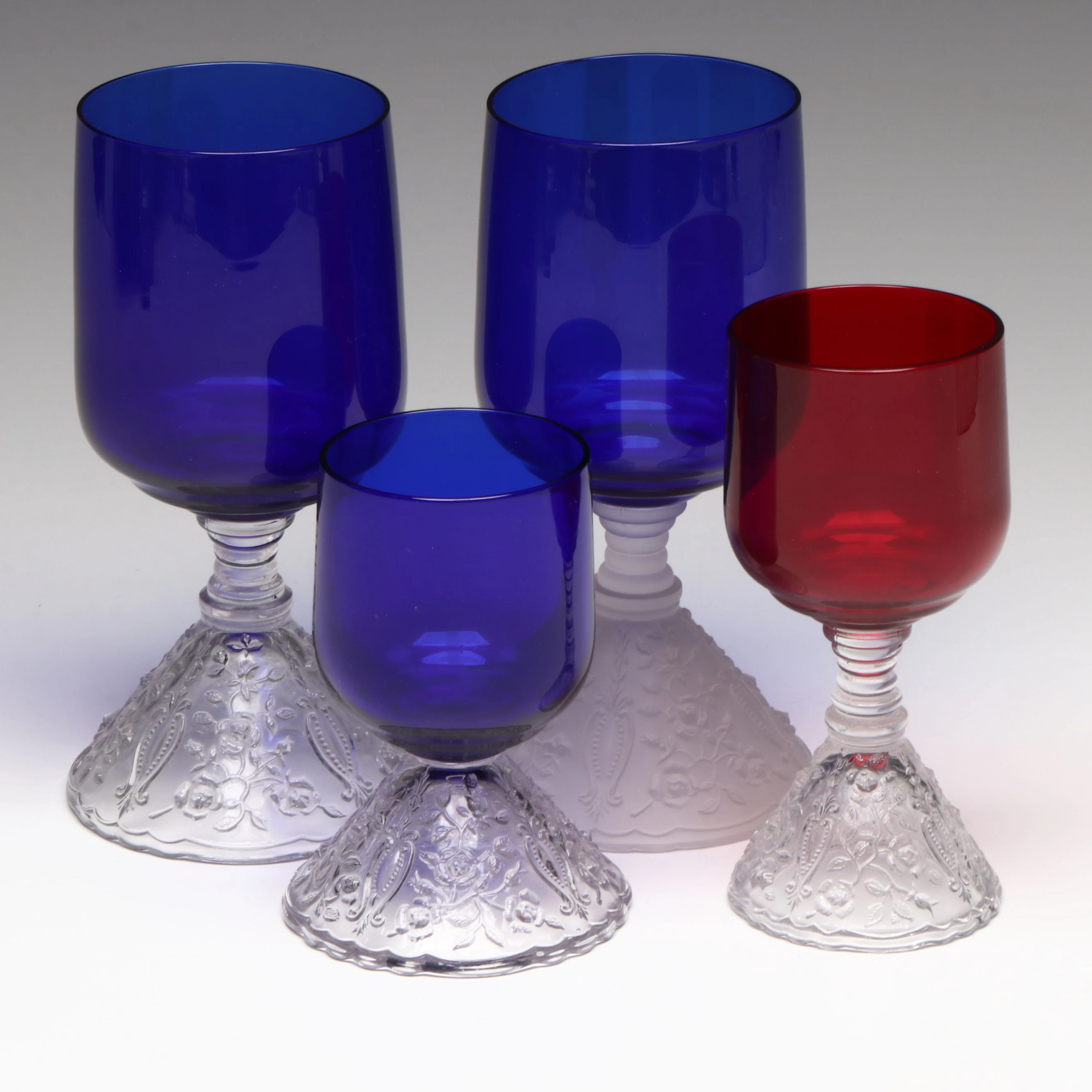 Cambridge "Rose Point" Pressed Cobalt and Ruby Stemware, 1935–1940