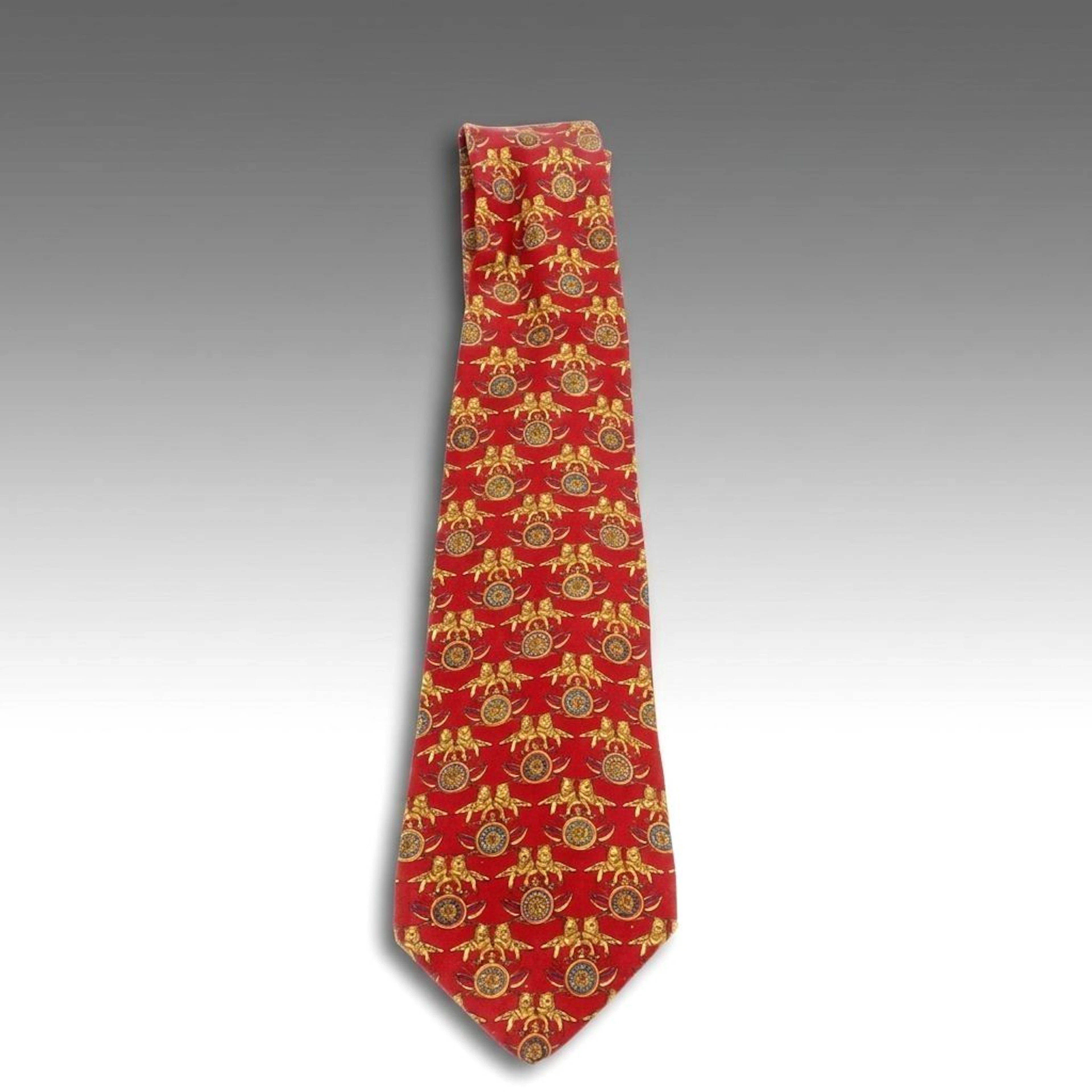 Salvatore Ferragamo Silk Neck Tie in Red and Gold Tiger Heraldic Pattern