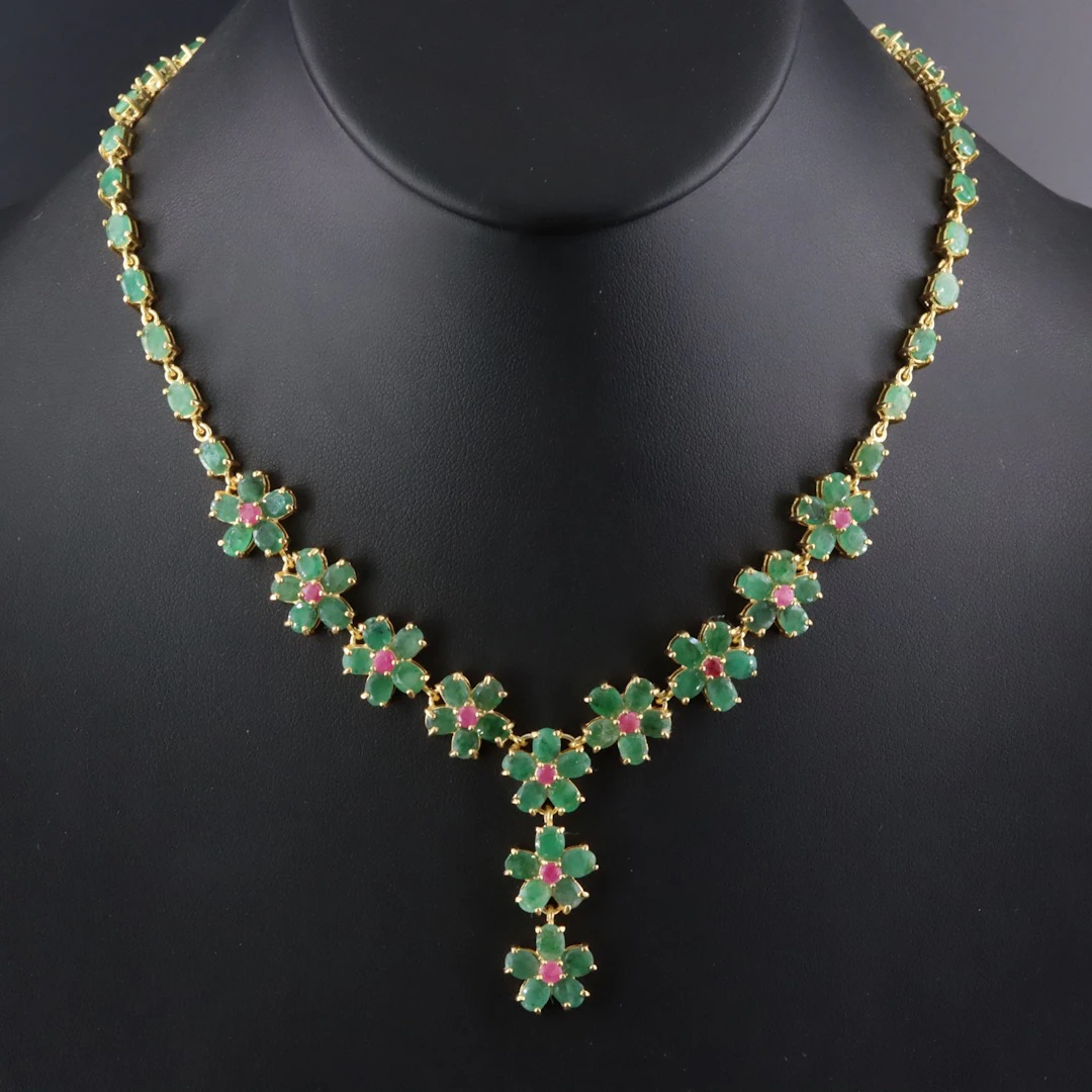 Sterling Emerald & Filled Corrundum Floral Necklace