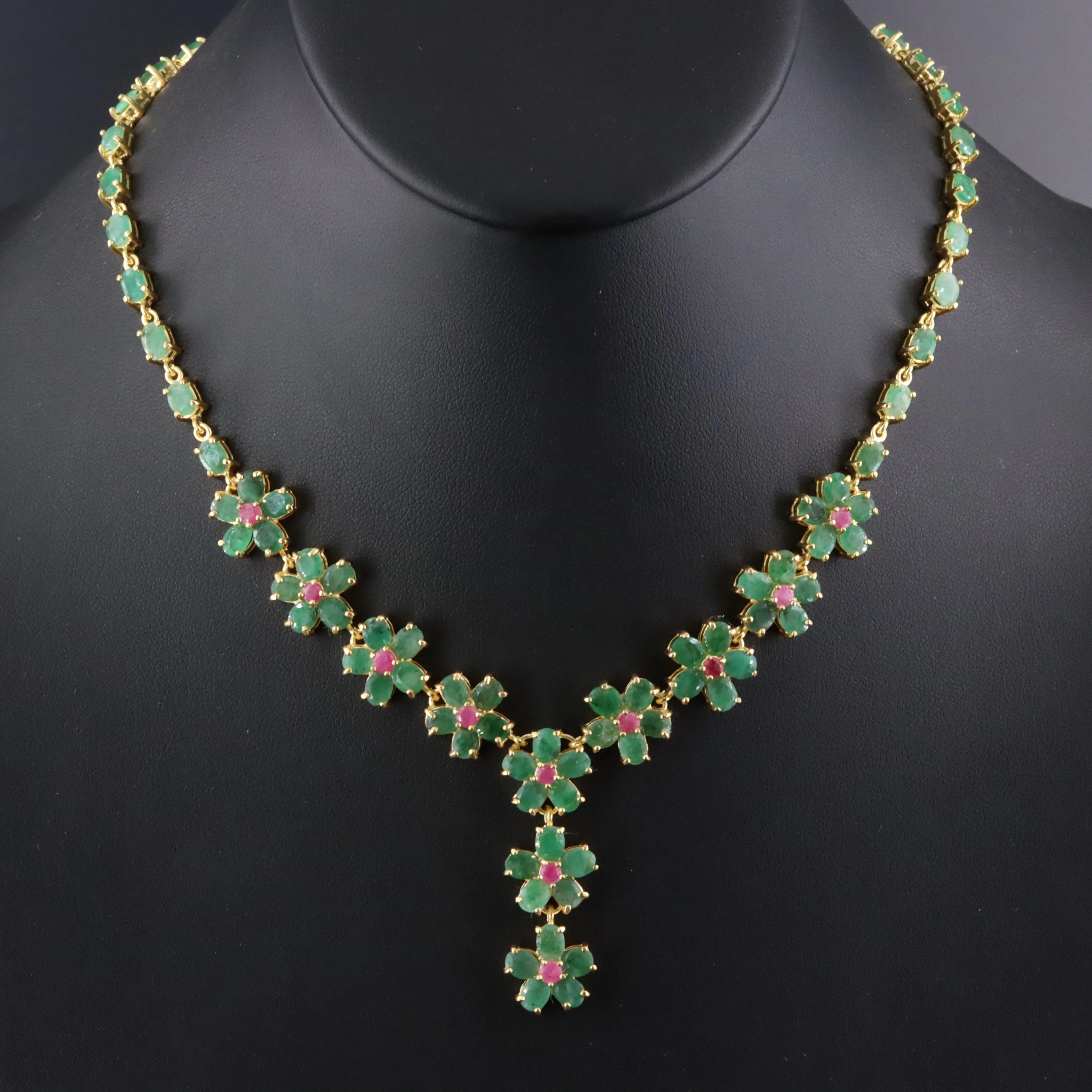 Sterling Emerald & Filled Corrundum Floral Necklace