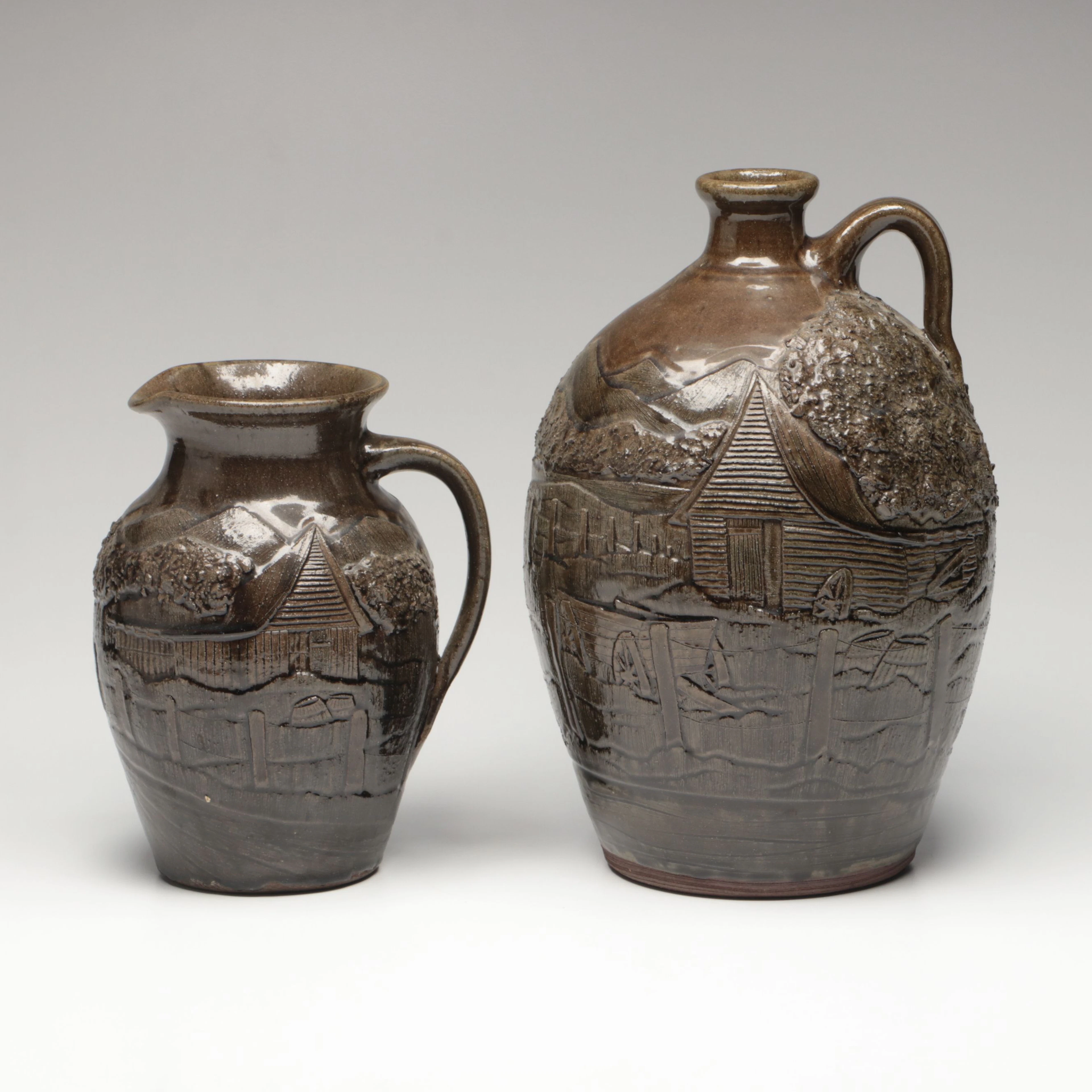 Michael and Martin Crocker Georgia Pottery Scenic Jug and Pitcher