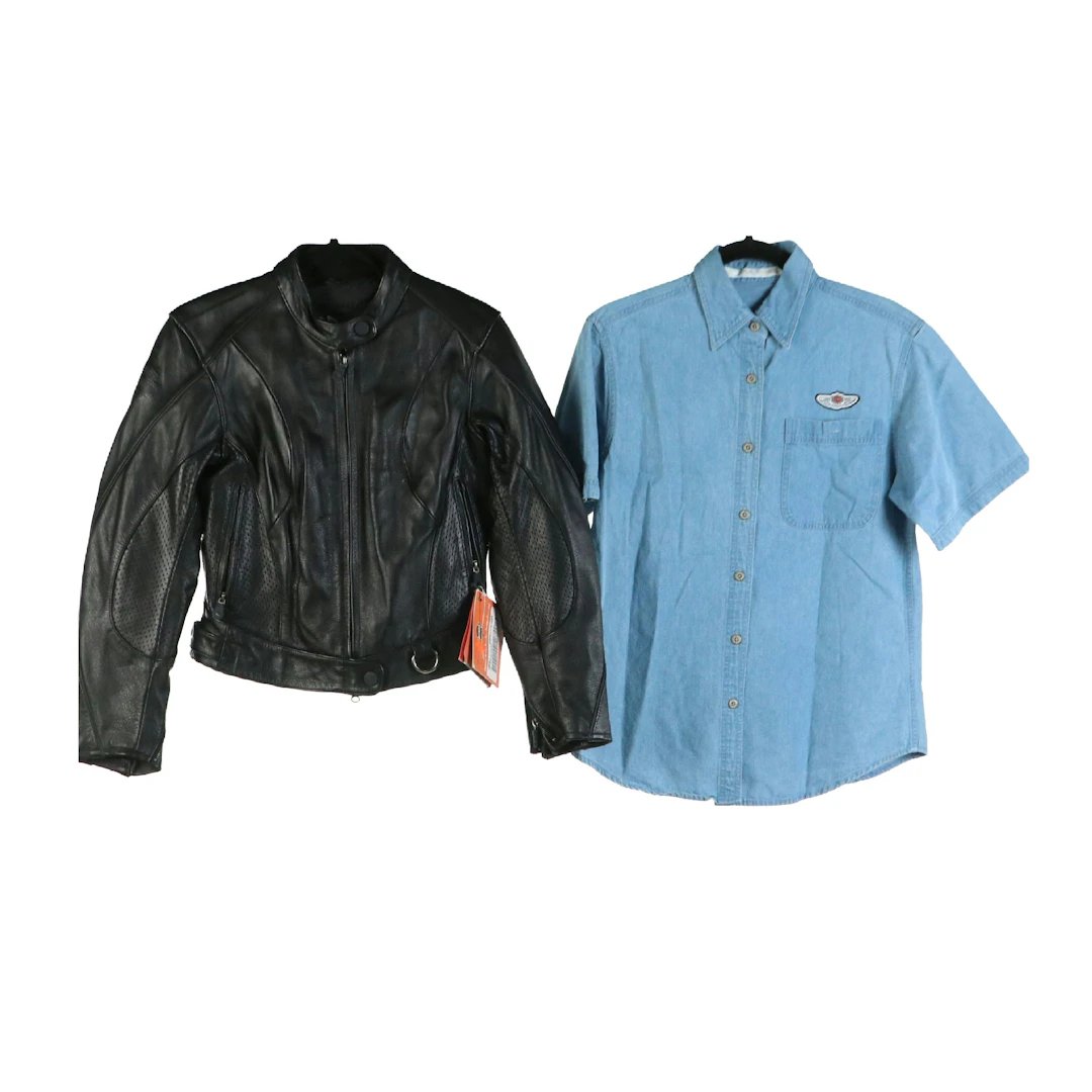 Harley-Davidson Leather Jacket with Tag, Button-Up Shirt & Lace-Up Ankle Boots