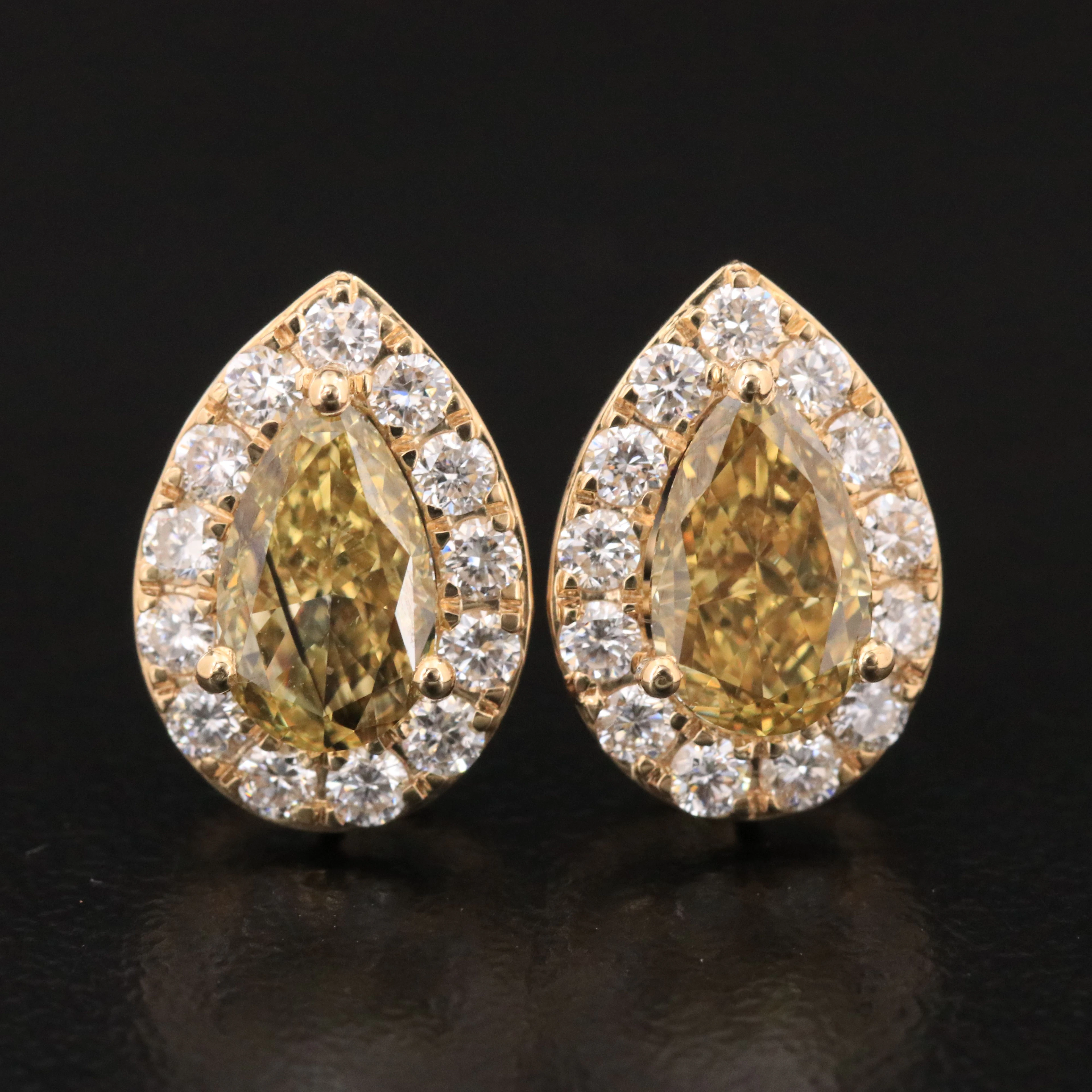 14K 2.81 CTW Lab Grown Diamond Halo Earrings with Fancy Yellow Centers