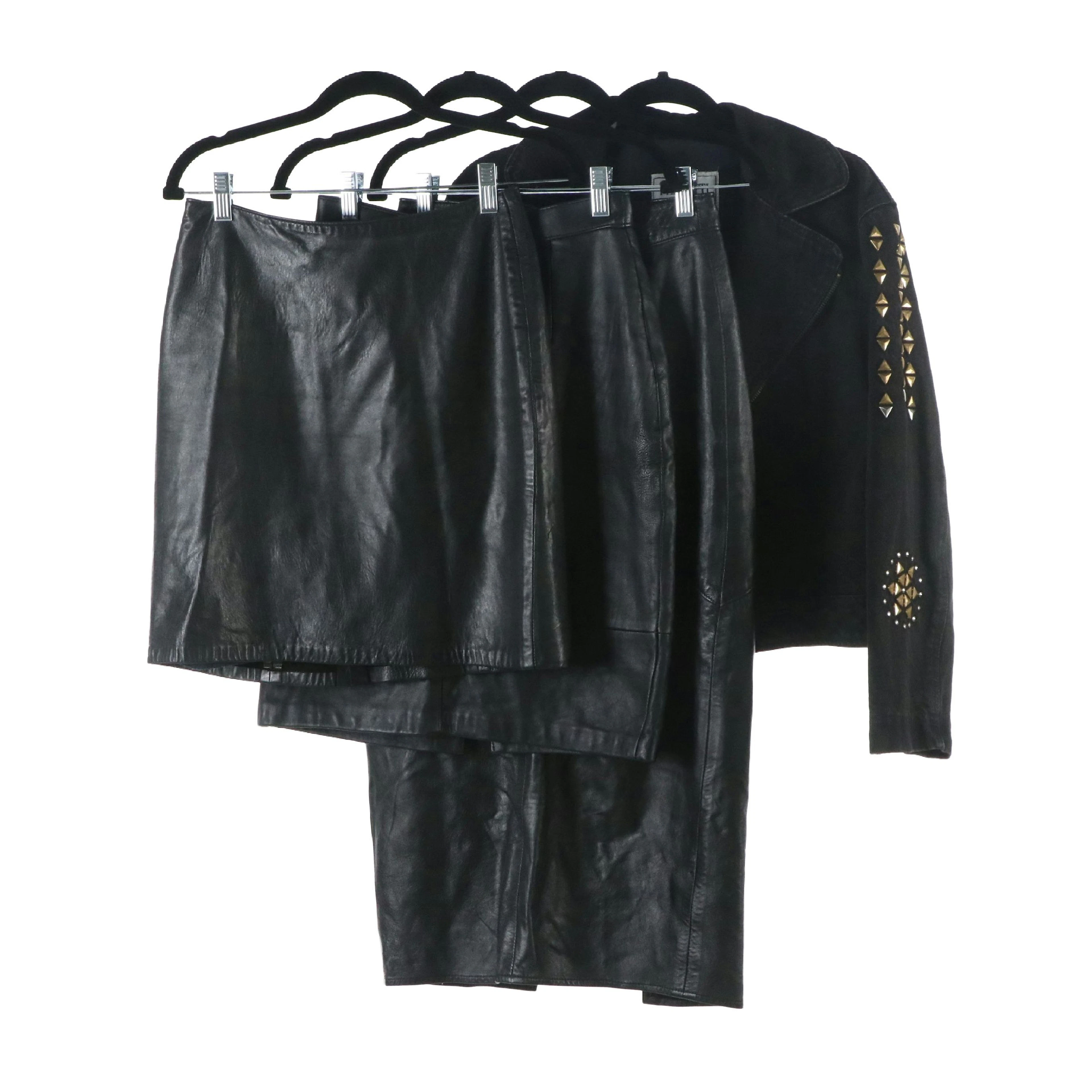 Ferretti Studded Denim Moto Style Jacket with Other Black Leather Skirts