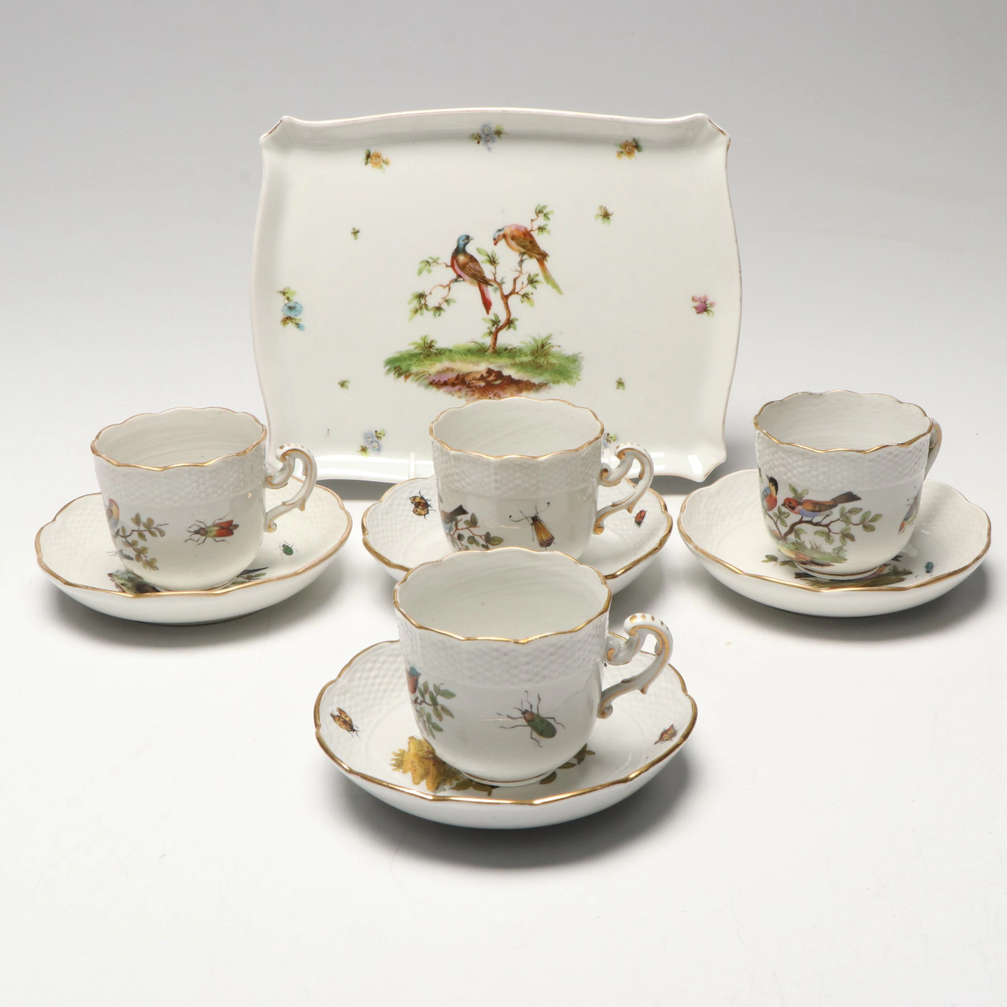 European Hand-Painted Porcelain Cups and Saucers with Rectangular Tray