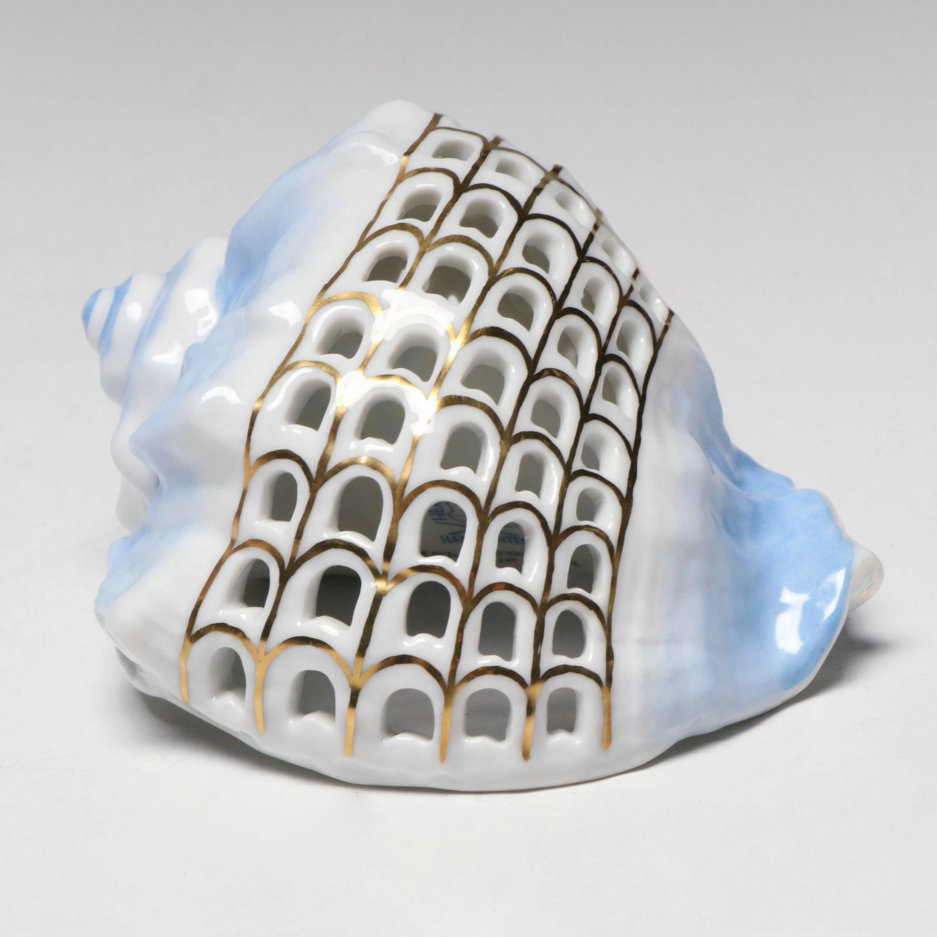 Herend Blue with Gold "Helmet Shell" Openwork Porcelain Figurine