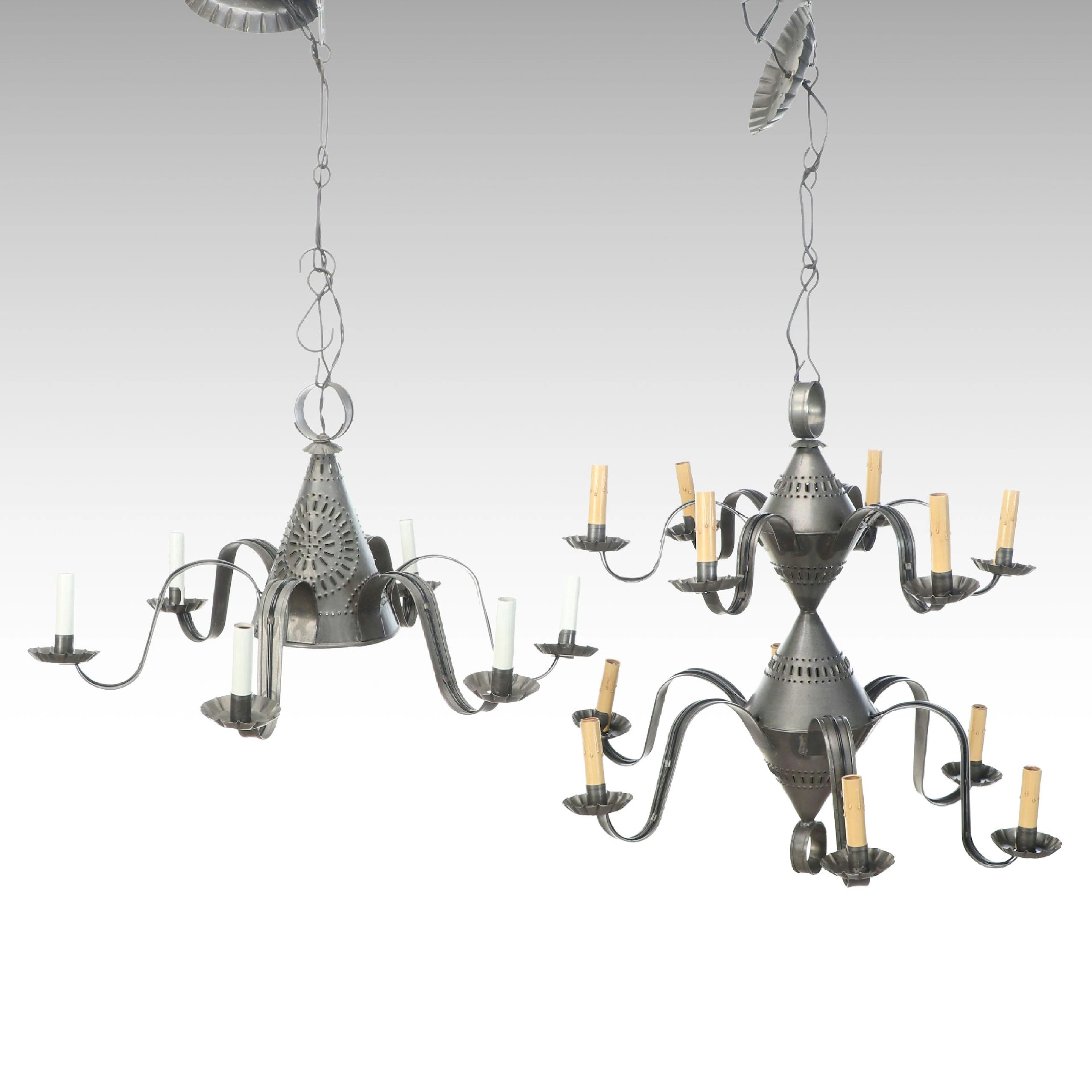 American Colonial Style Pierced Metal Six-Arm and Double Tier Tin Chandeliers