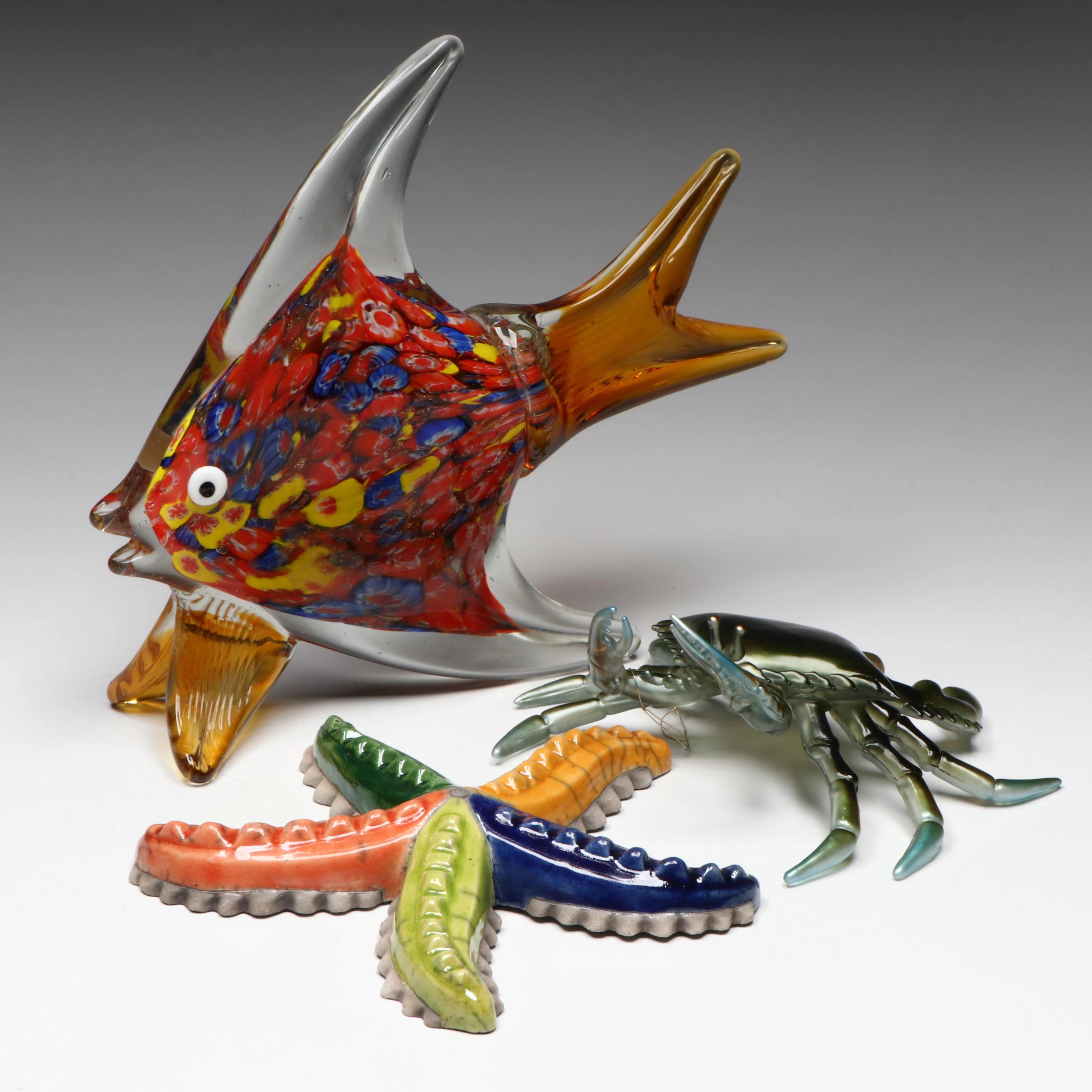 Murano Style Art Glass Fish, South African Ceramic Starfish with Crab