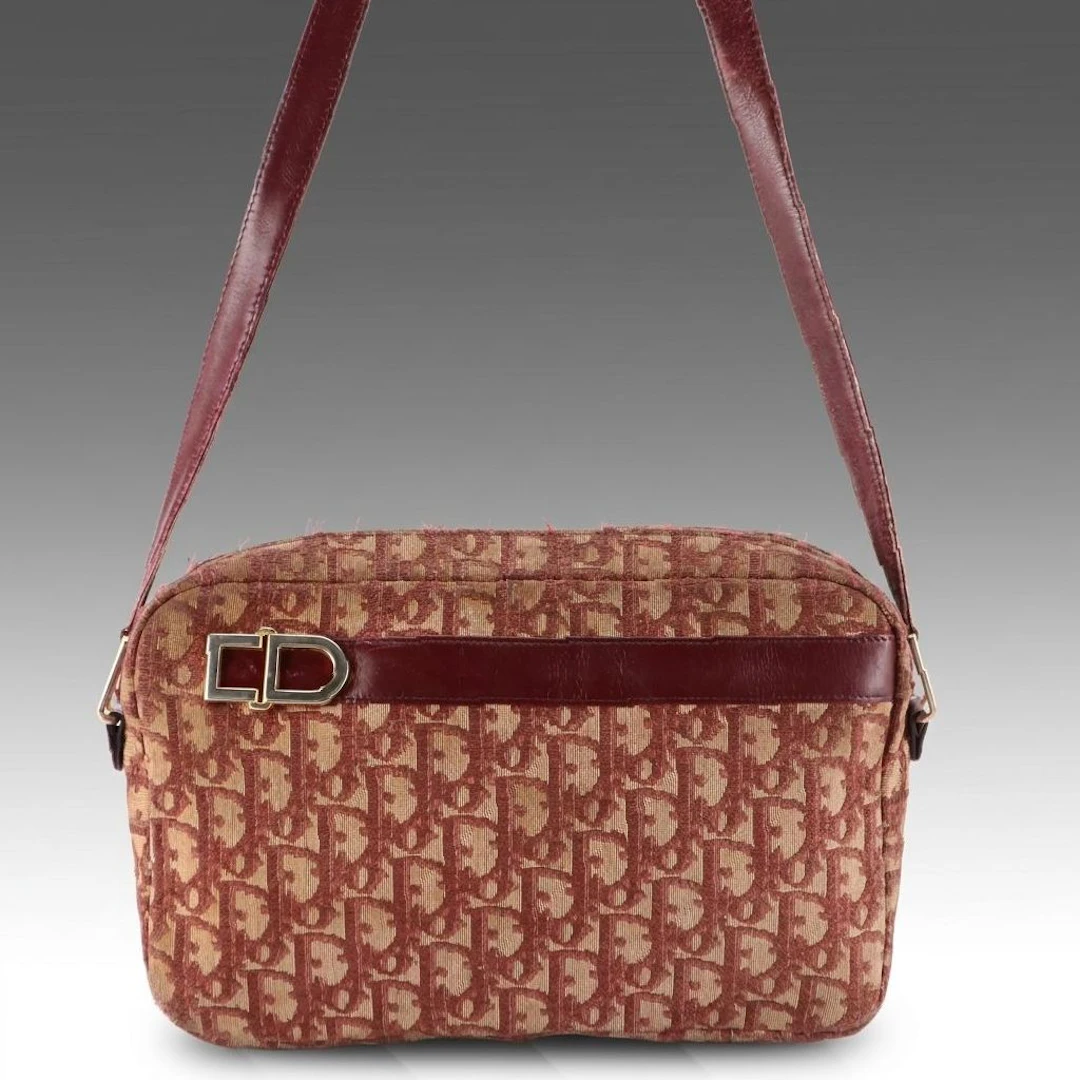 Vintage Christian Dior Shoulder Bag in Burgundy Trotter Canvas and Leather