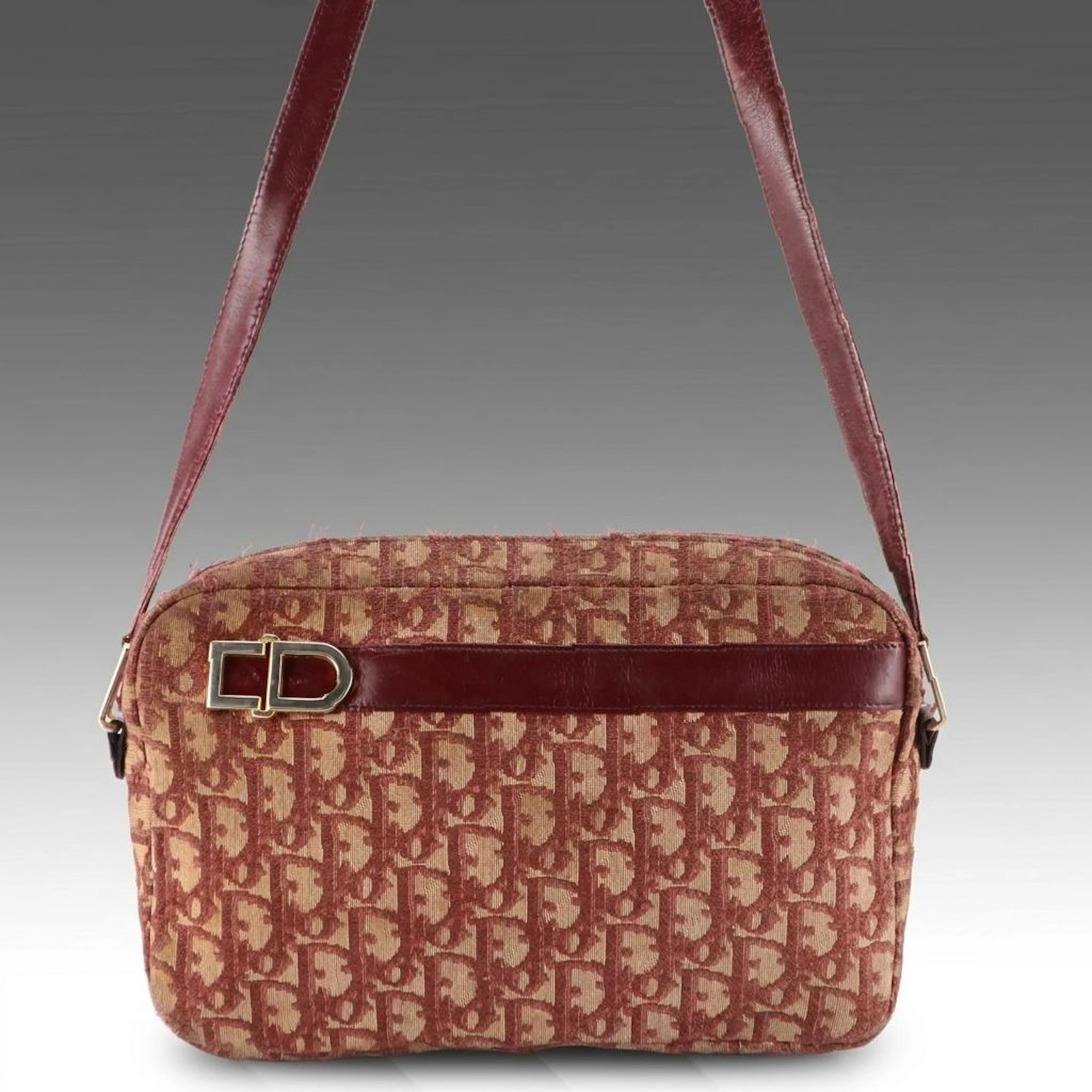 Vintage Christian Dior Shoulder Bag in Burgundy Trotter Canvas and Leather