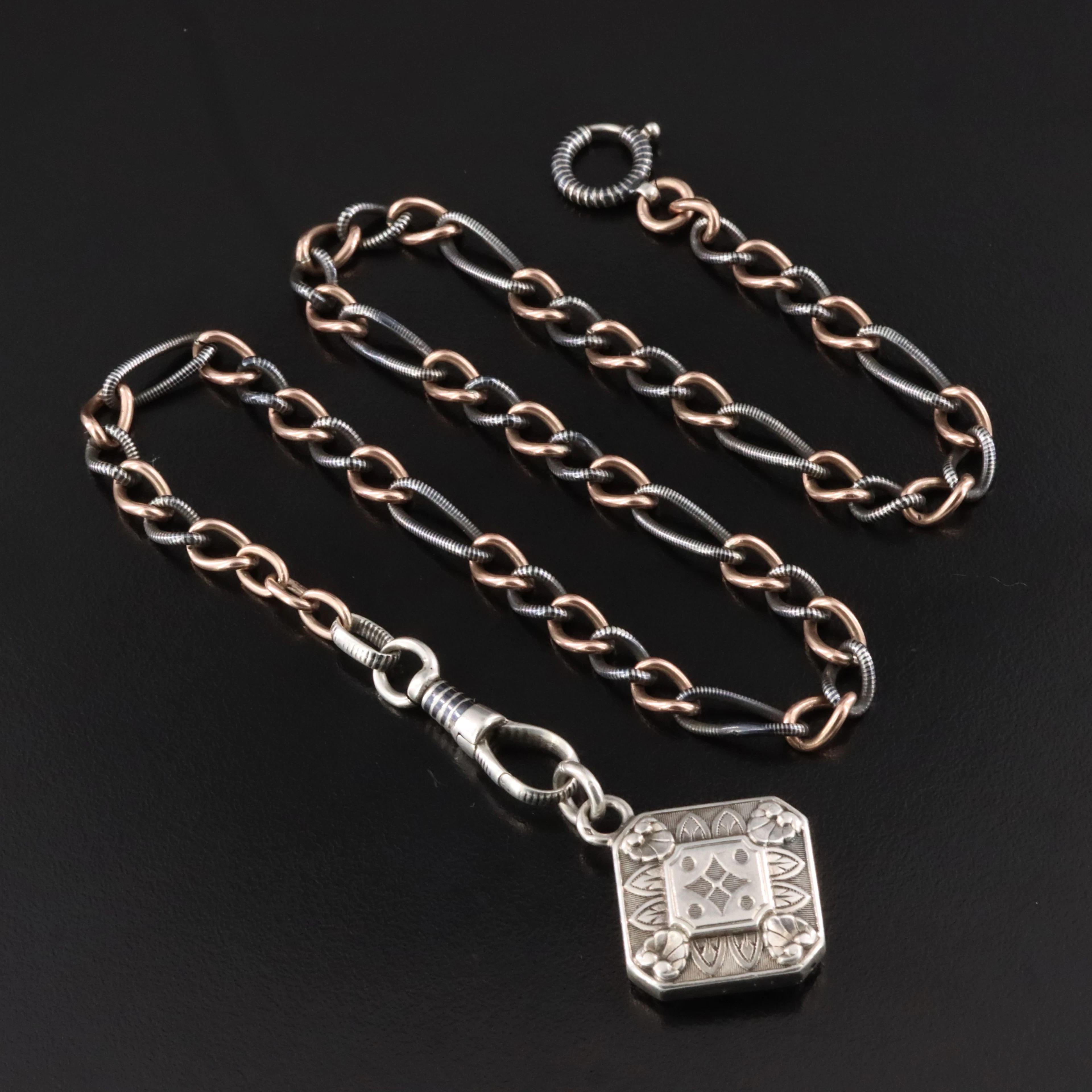 Victorian 900 Silver and 10K Rose Gold Enamel Watch Chain with Fob Charm