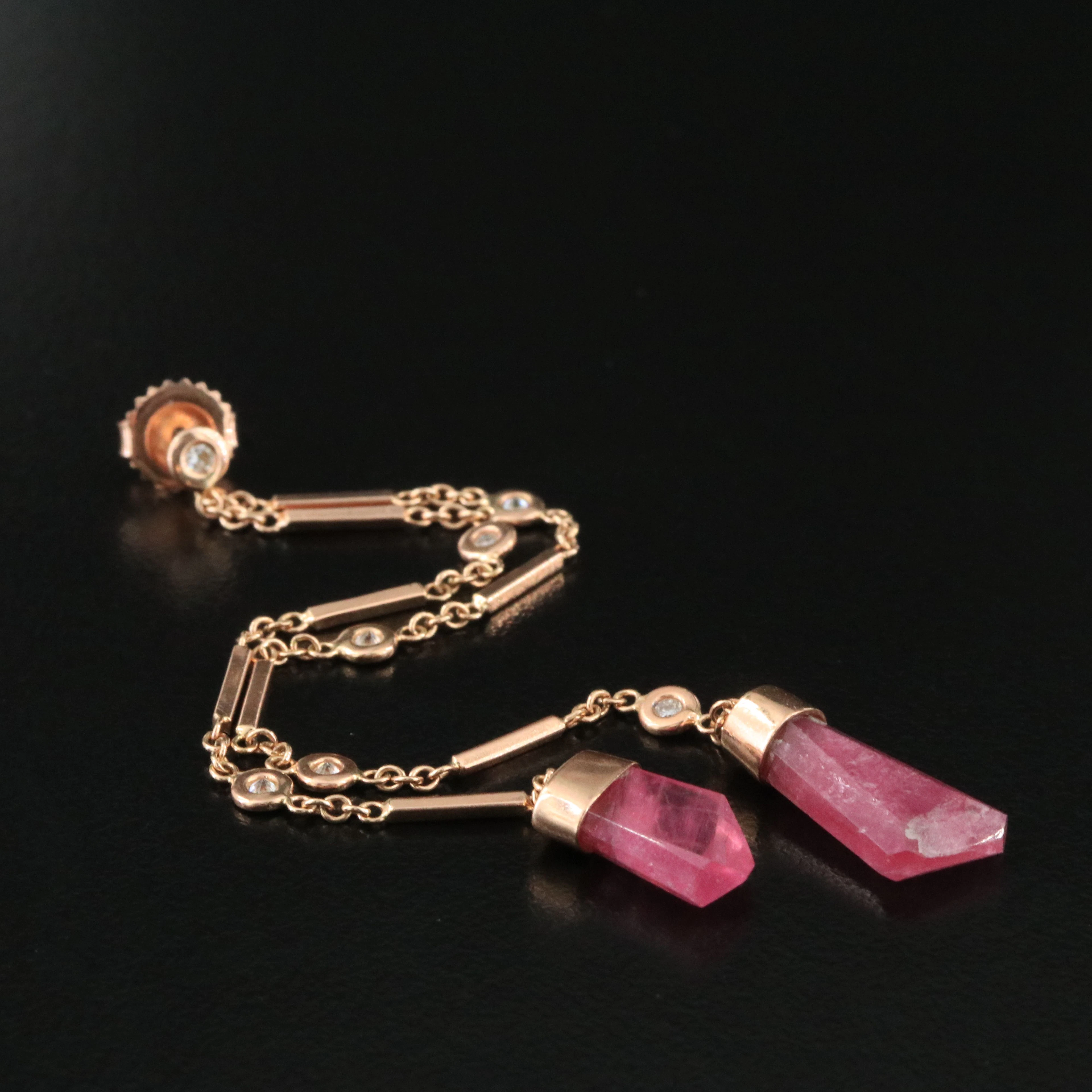 14K Rose Gold Diamond Station Tourmaline Drop Single Earring