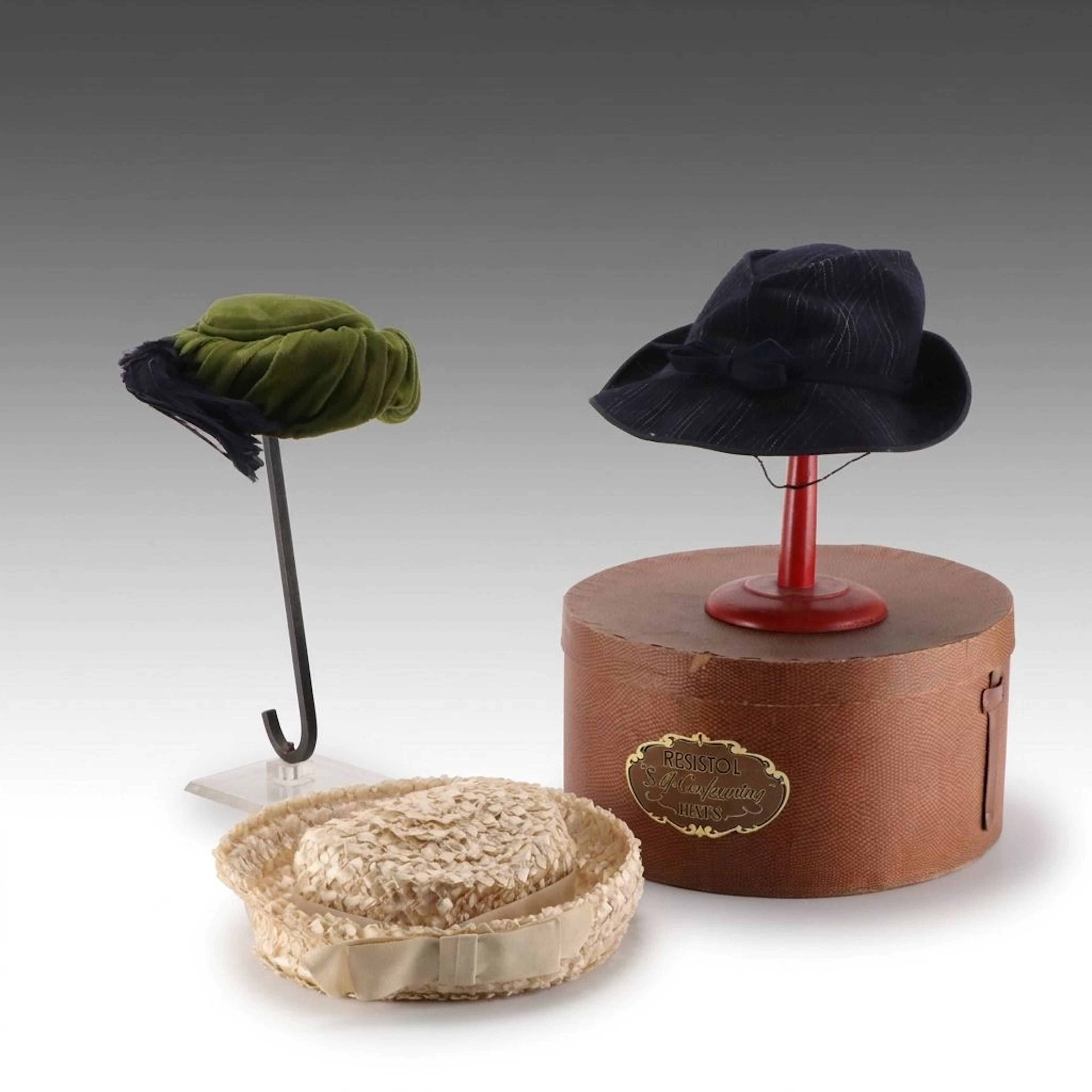Vintage Milbrae Fascinator, Beth Hats Brimmed Cloche & Other Hat with Stands
