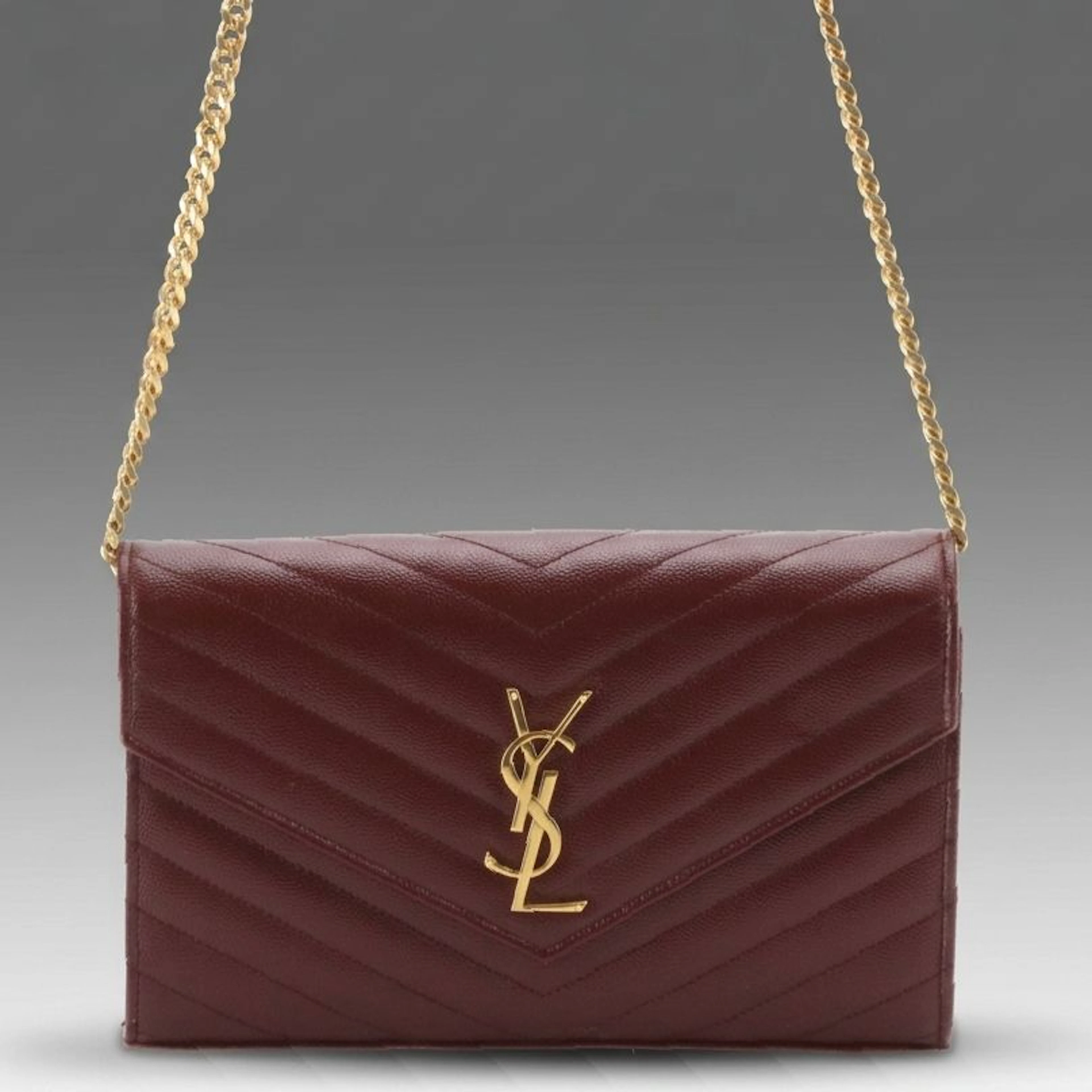 Saint Laurent Envelope Chain Wallet in Maroon Grain de Poudre Matelassé Leather