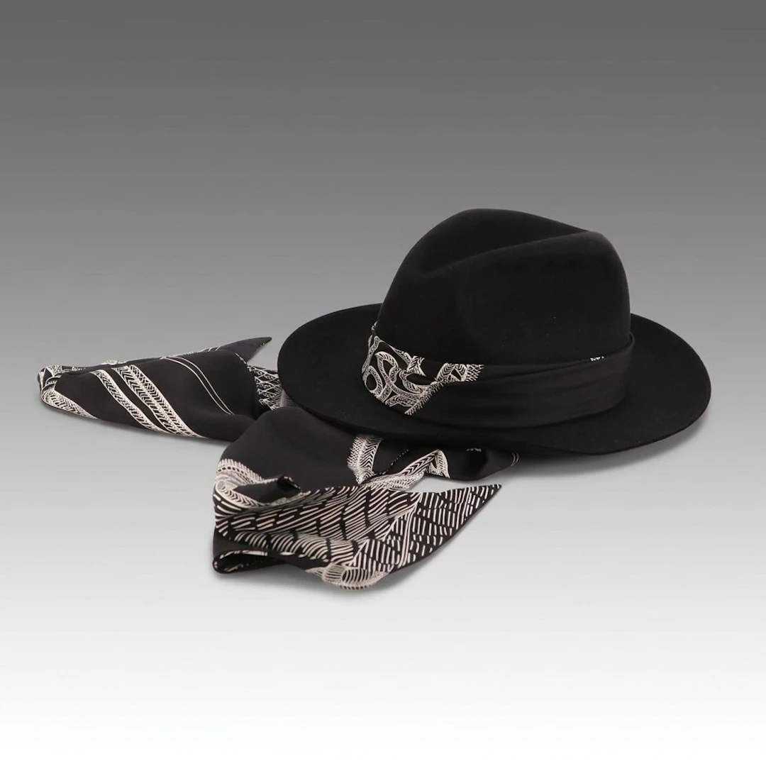 Hermès Black Beaver Felt Fedora W/ Silk Twill "Zouaves et Dragons" Panels