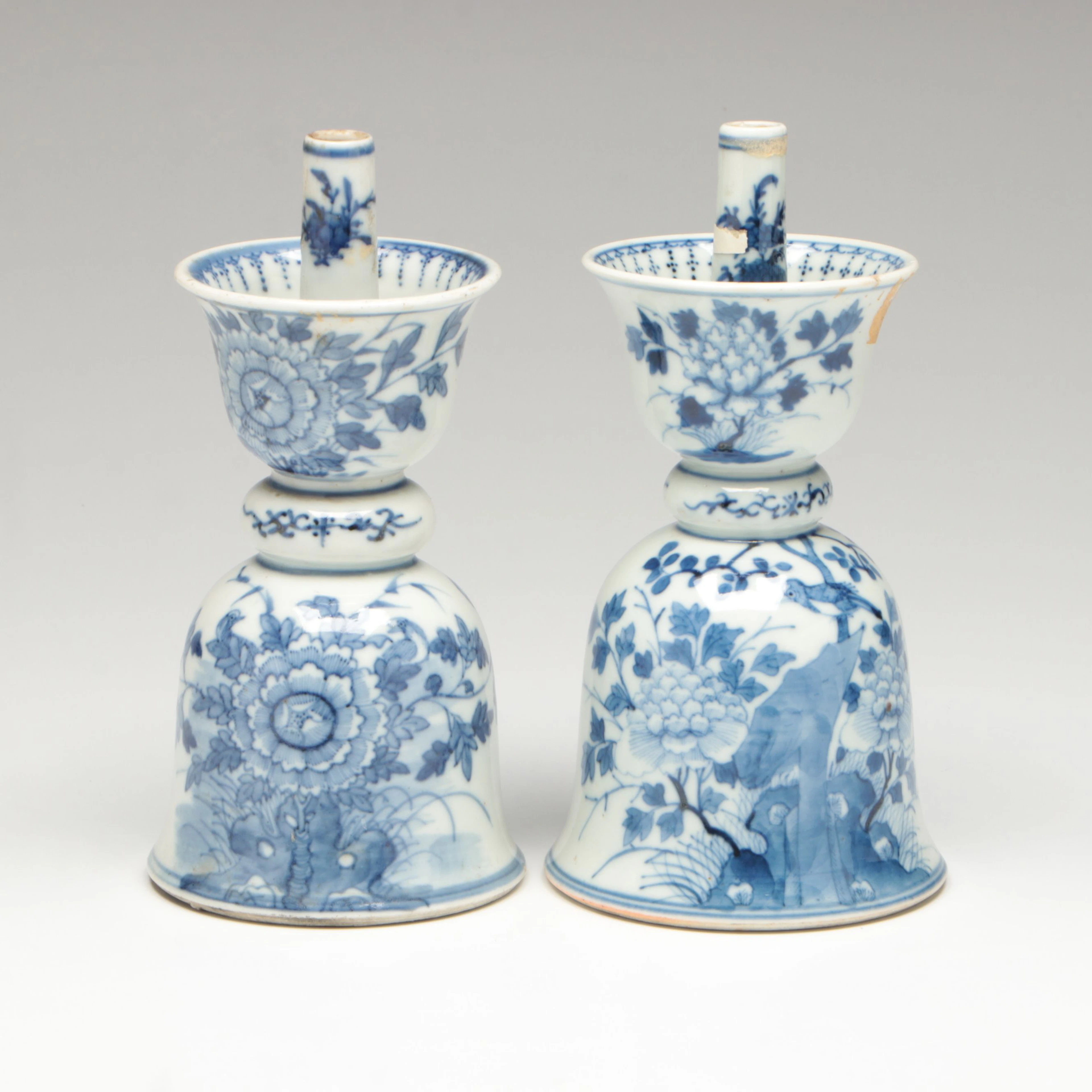 Chinese Blue and White Peony Motif Porcelain Candlesticks, Vintage