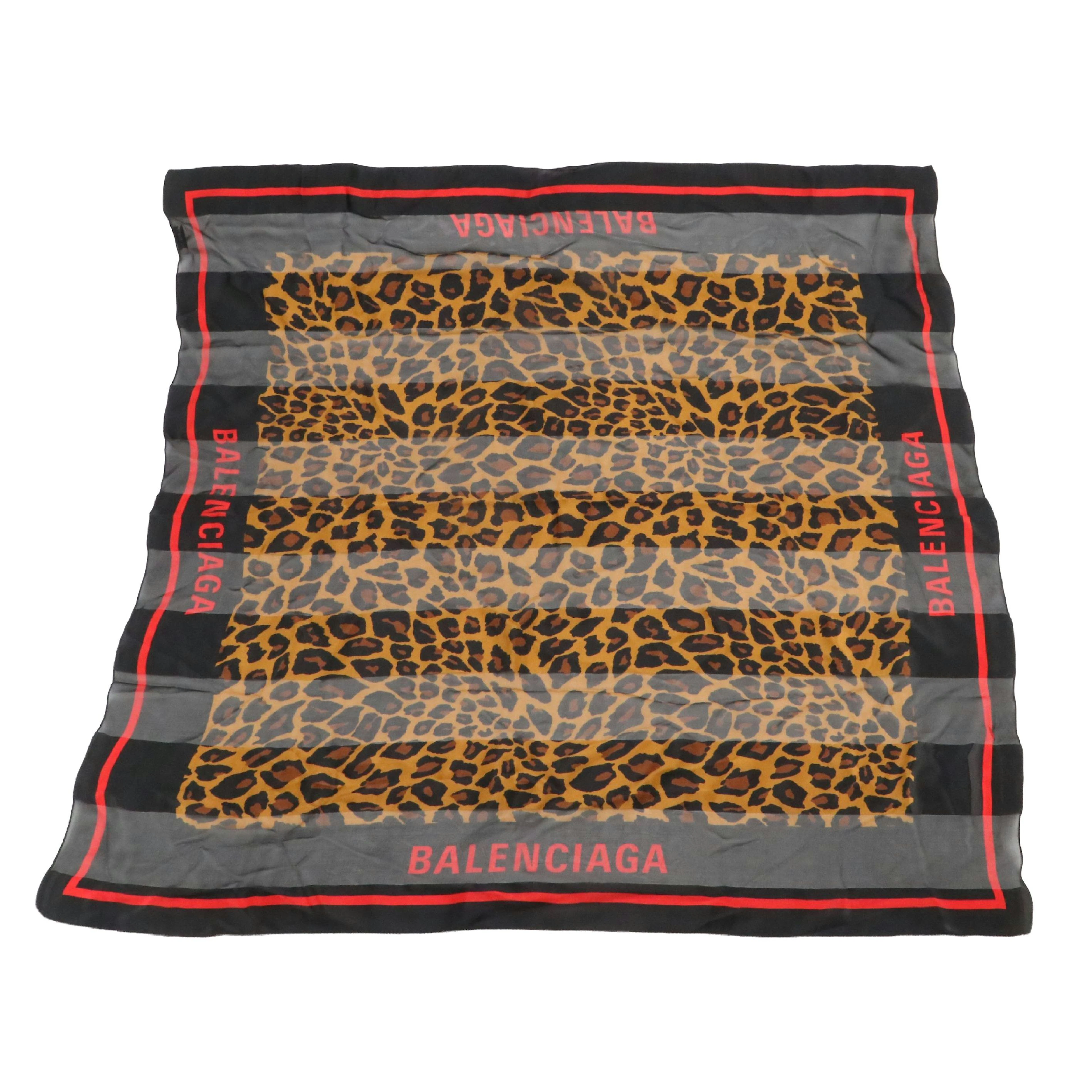 Balenciaga Leopard Print Signature Silk Scarf with Black/Red Trim
