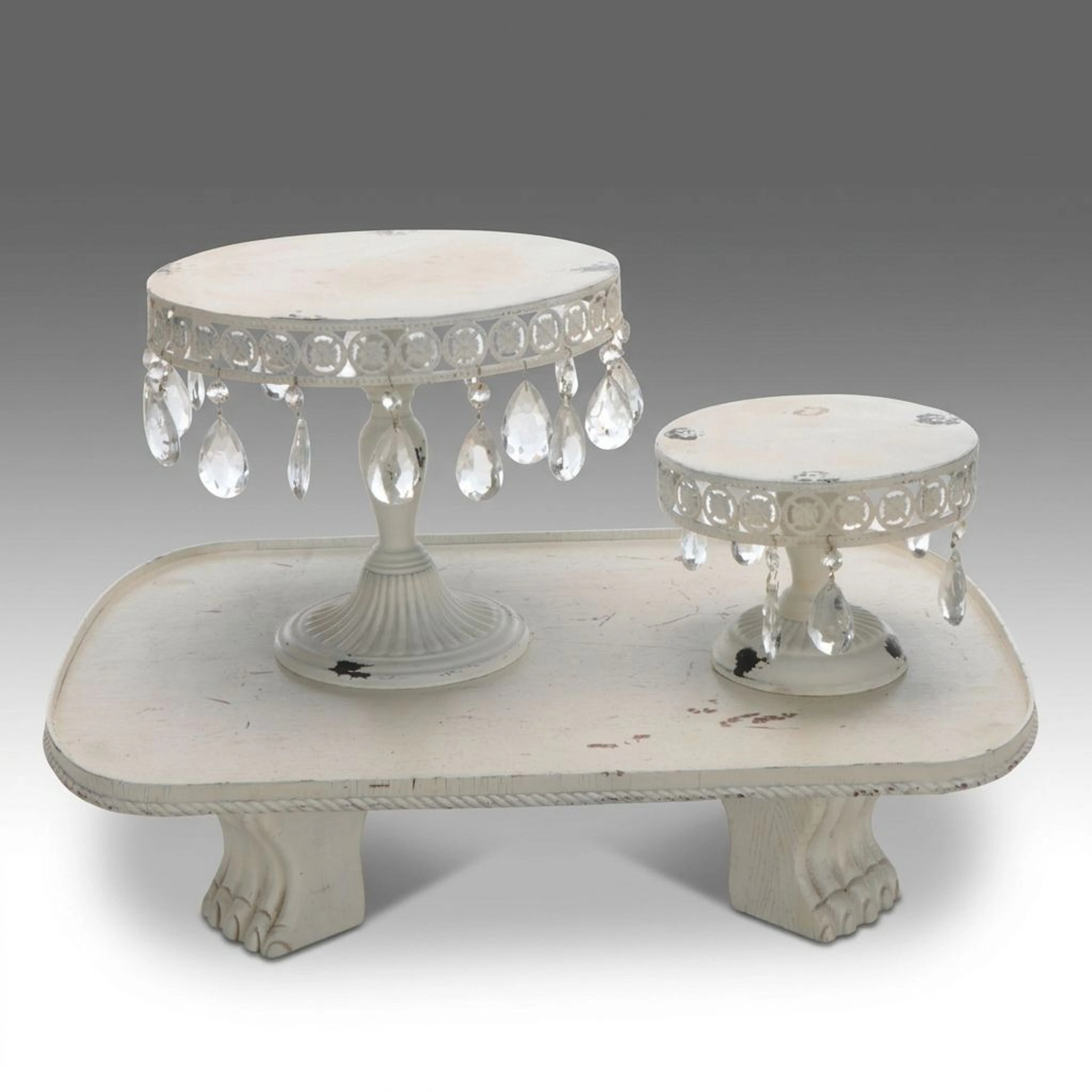 Farmhouse Style Aged Wood Footed Tray and Metal Stands with Crystal Prisms