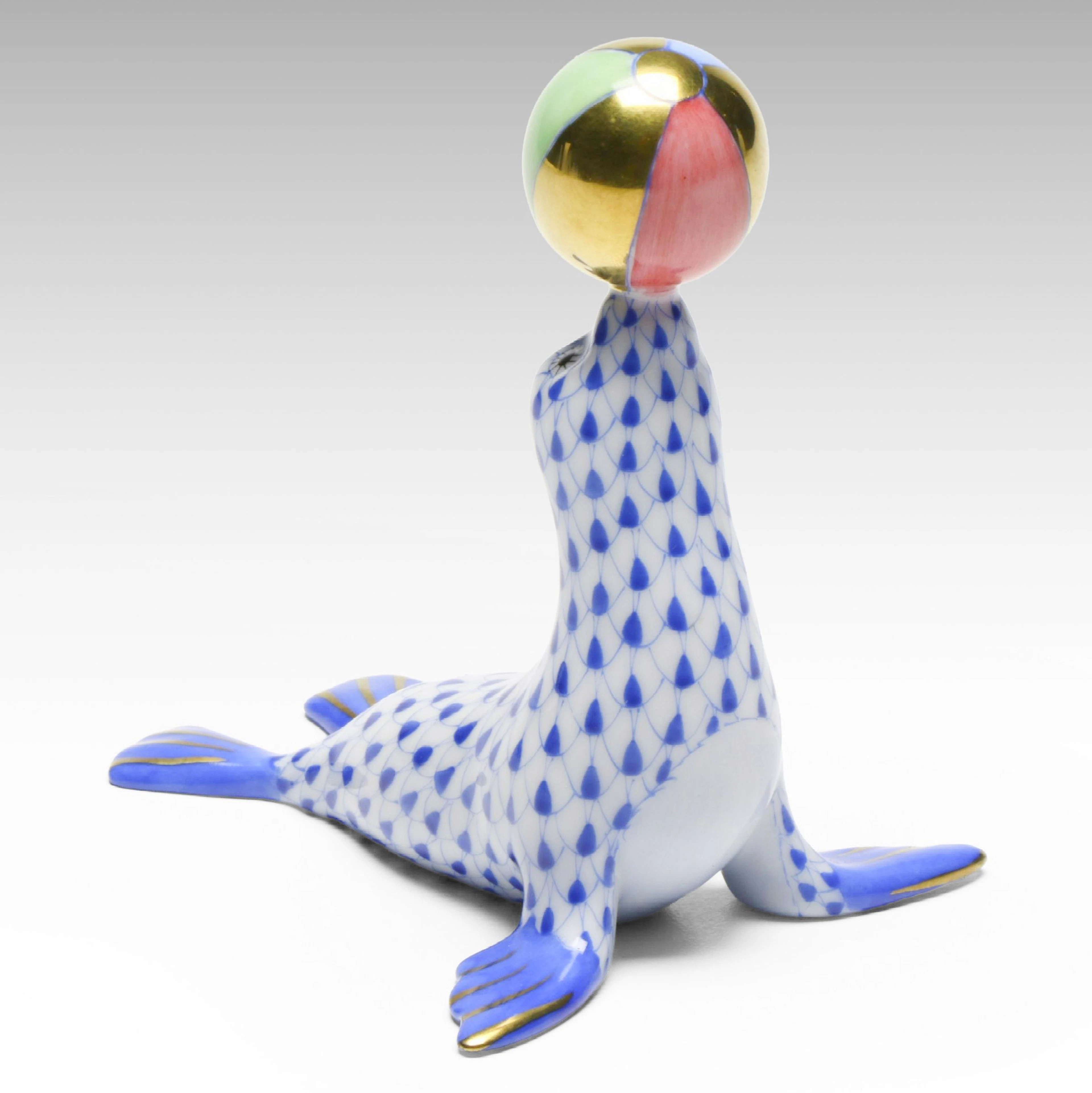 Herend Sapphire Fishnet with Gold "Sea Lion with Ball" Porcelain Figurine