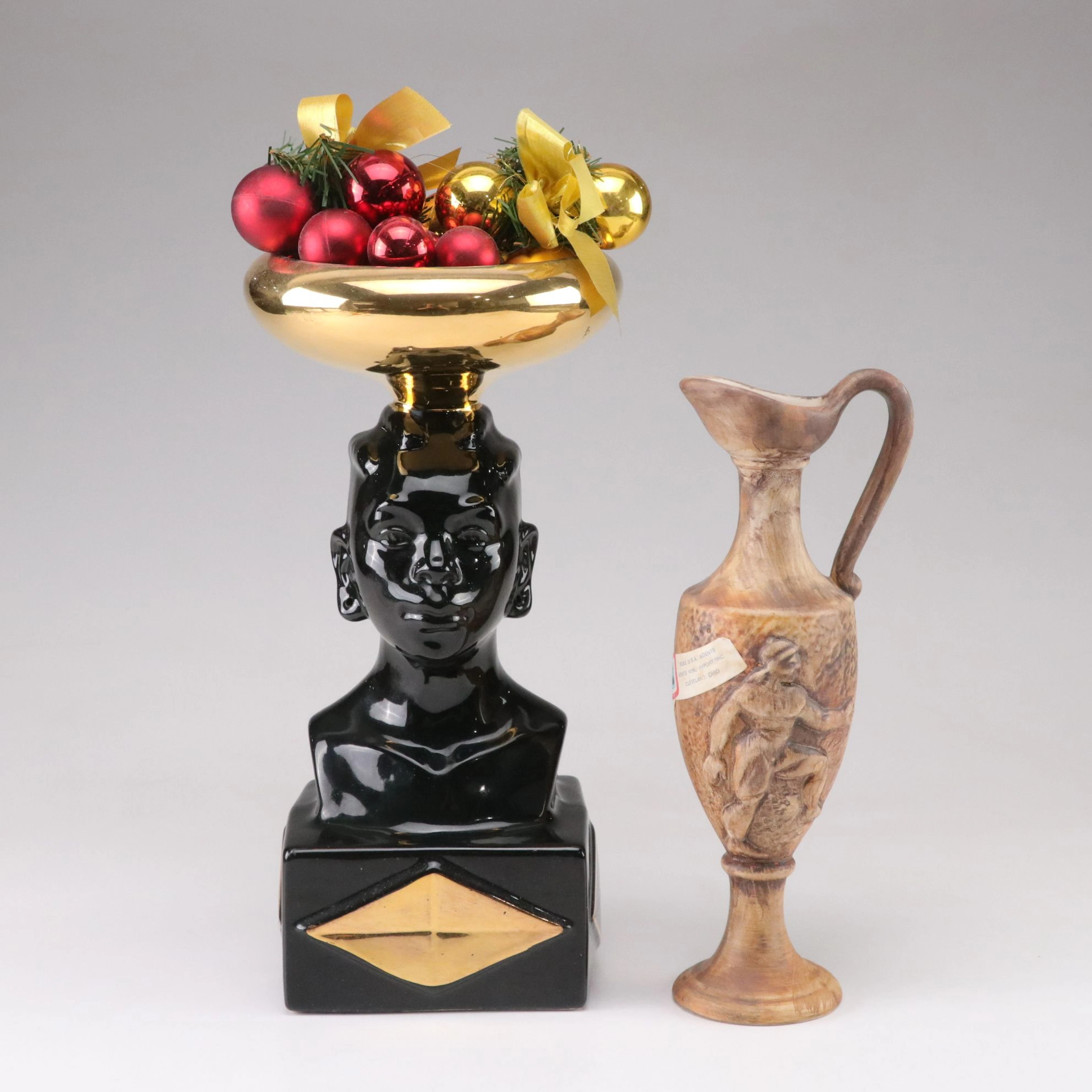 Nubian Figure Head Vase with Italian Ceramic Pitcher