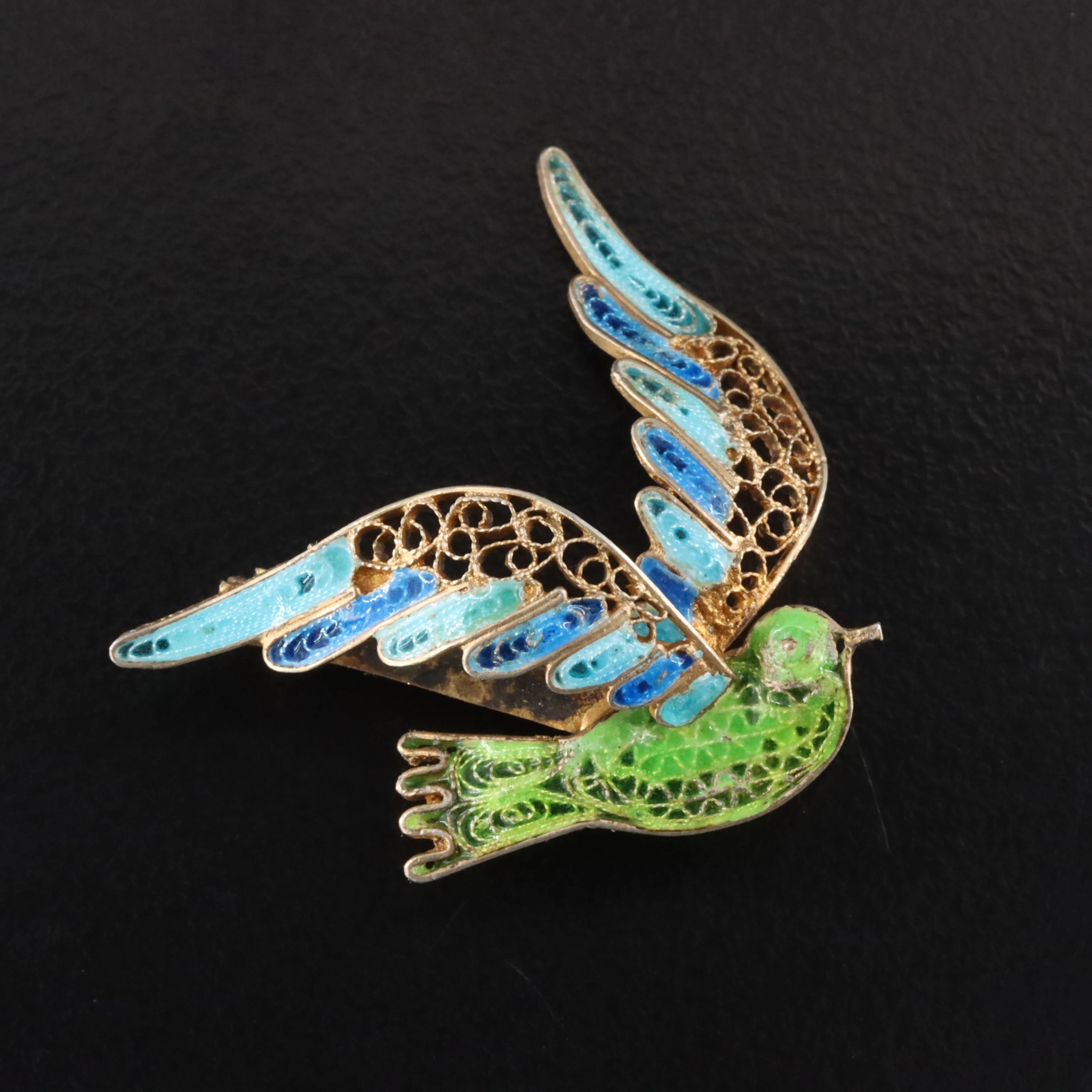 Vintage Italian 800 Silver Enamel Filigree Bird Pin