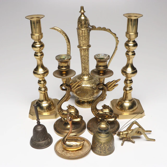 Middle Eastern Brass Ewer with Candlesticks and More, Mid to Late 20th Century