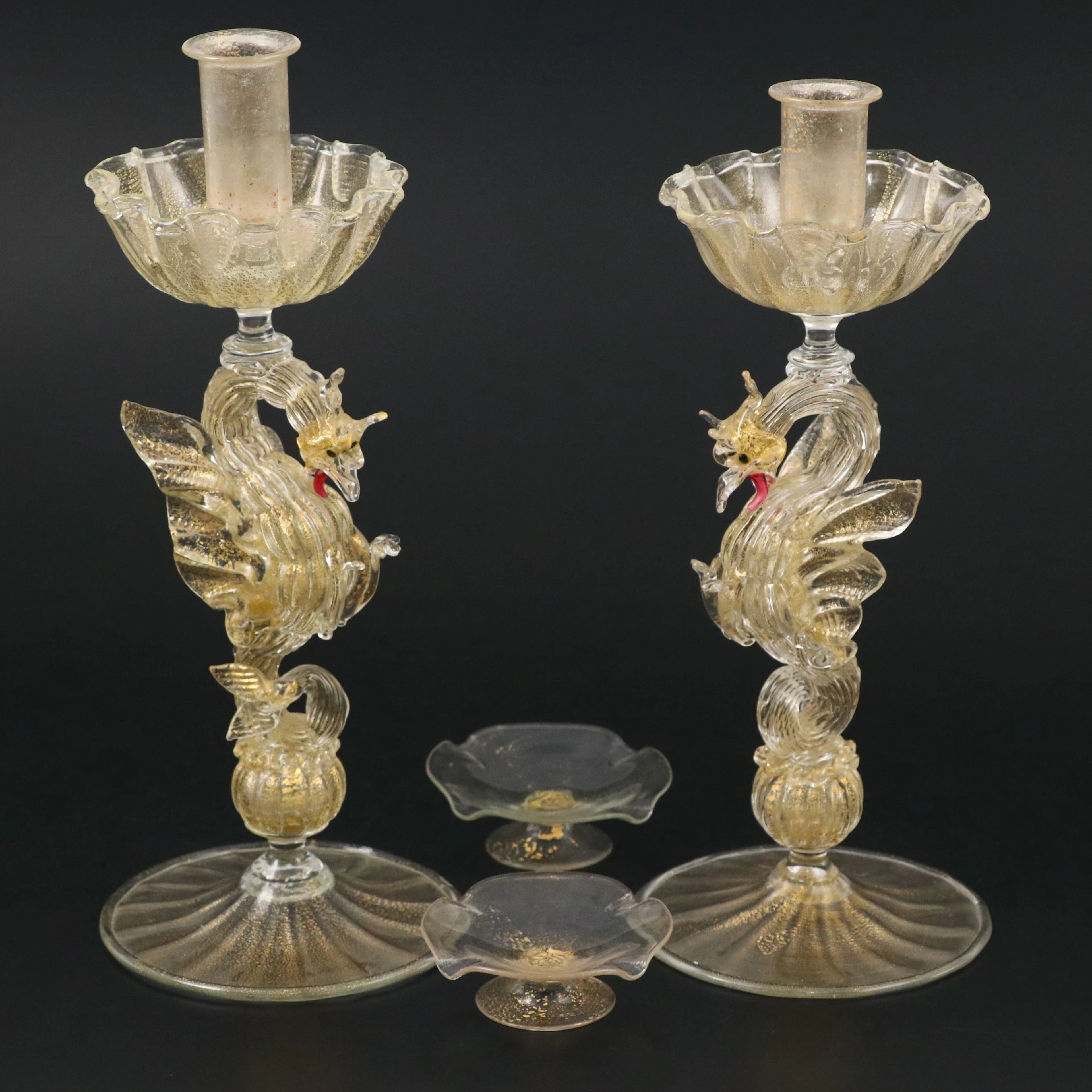 Salviati Murano Art Glass Dragon Candlesticks with Ashtrays, Early 20th Century