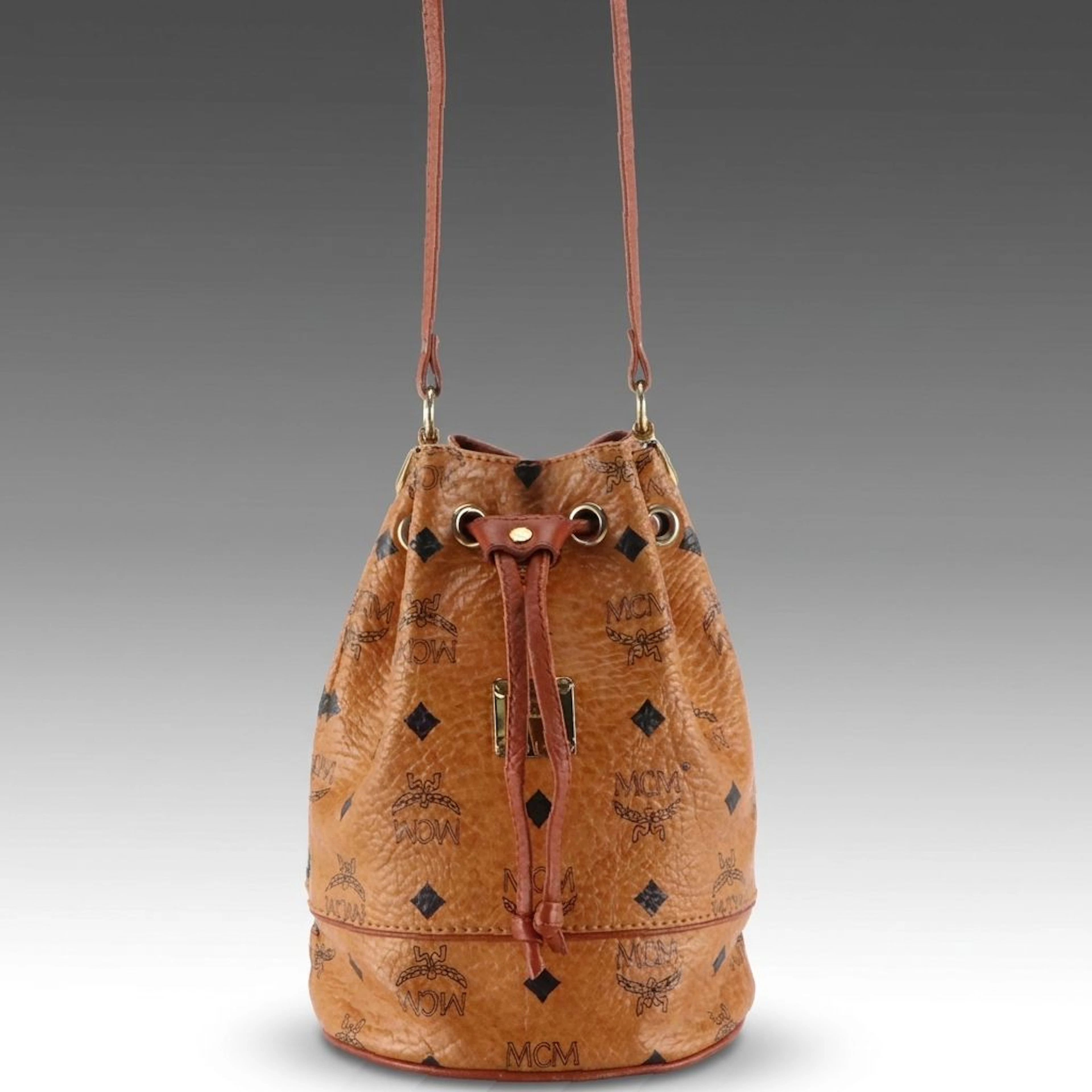 MCM Mini Drawstring Bucket Bag in Cognac Visetos Canvas, Vintage