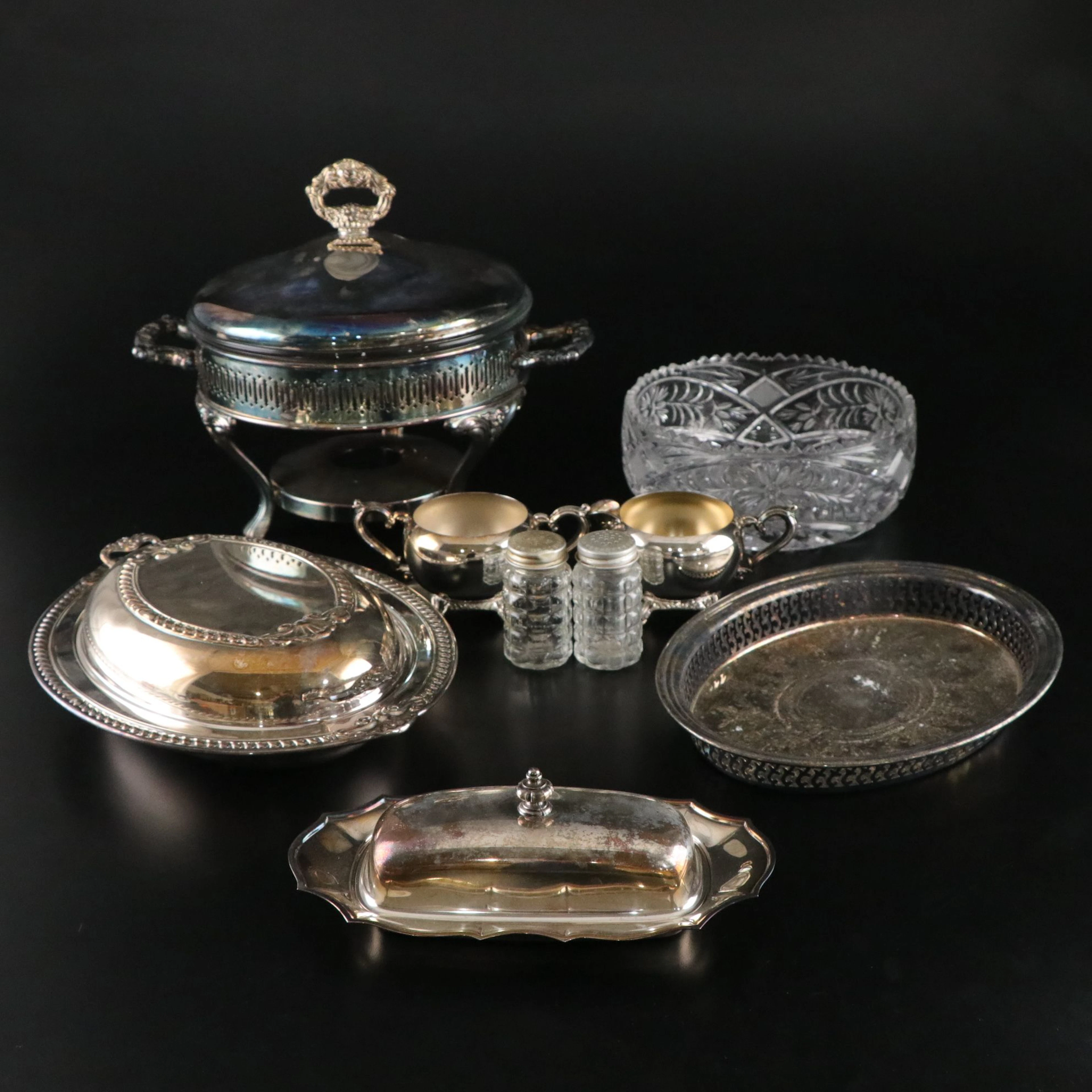 Silver Plate Serve Ware with Glass Bowl, Salt, & Pepper