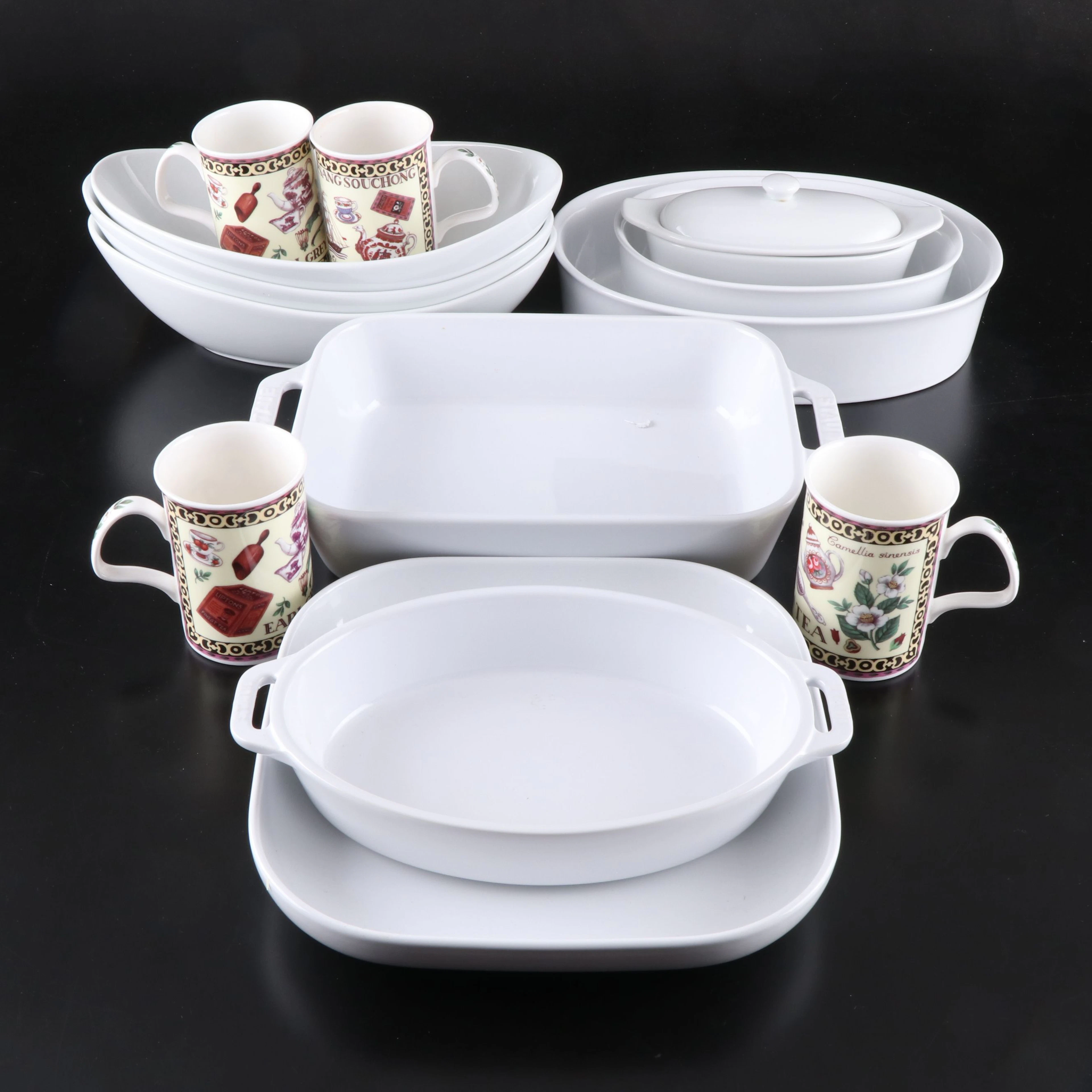 Staub Ceramic Bakers with More White Ceramic Serveware and Mugs