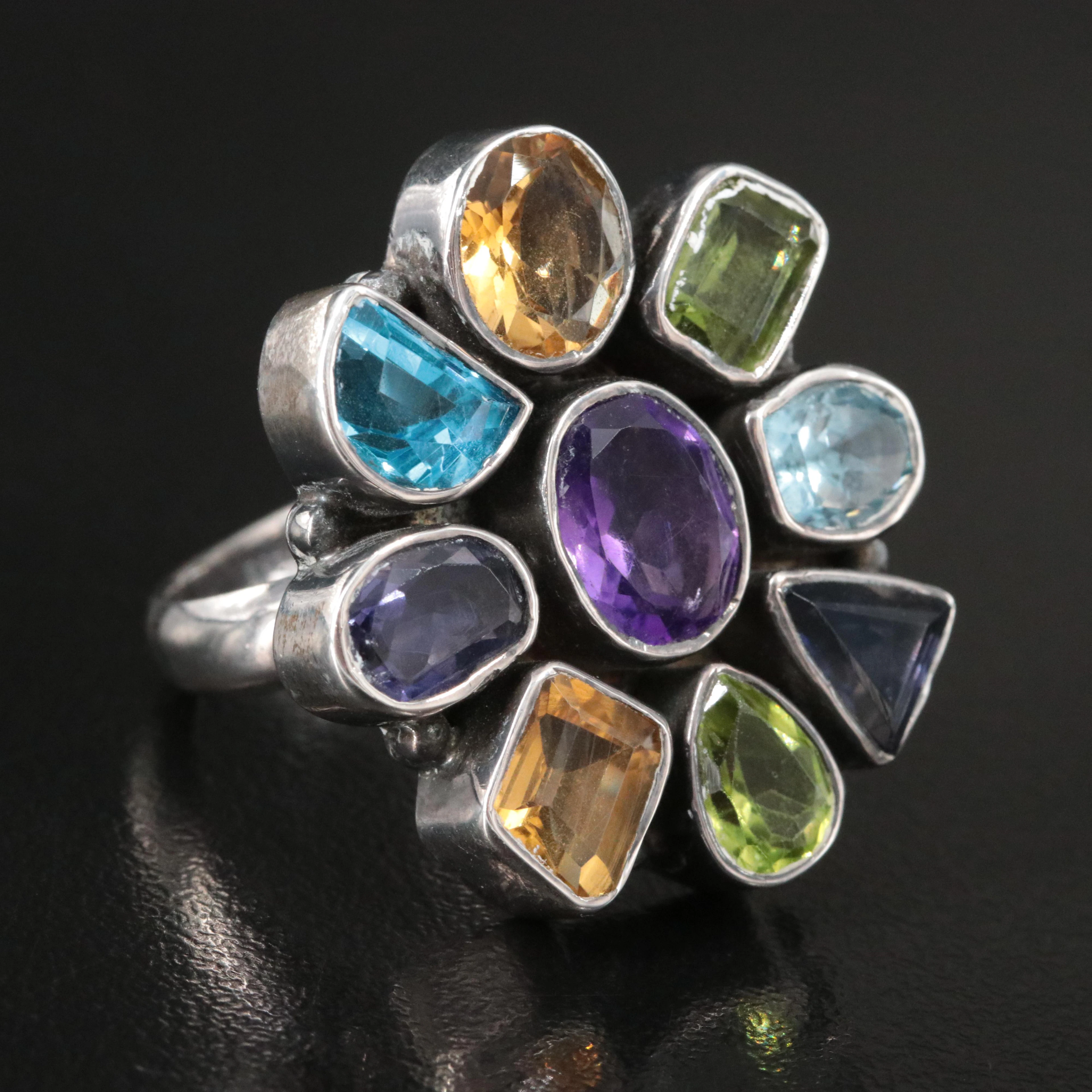 Sterling Amethyst Citrine and Peridot Floral Cluster Ring
