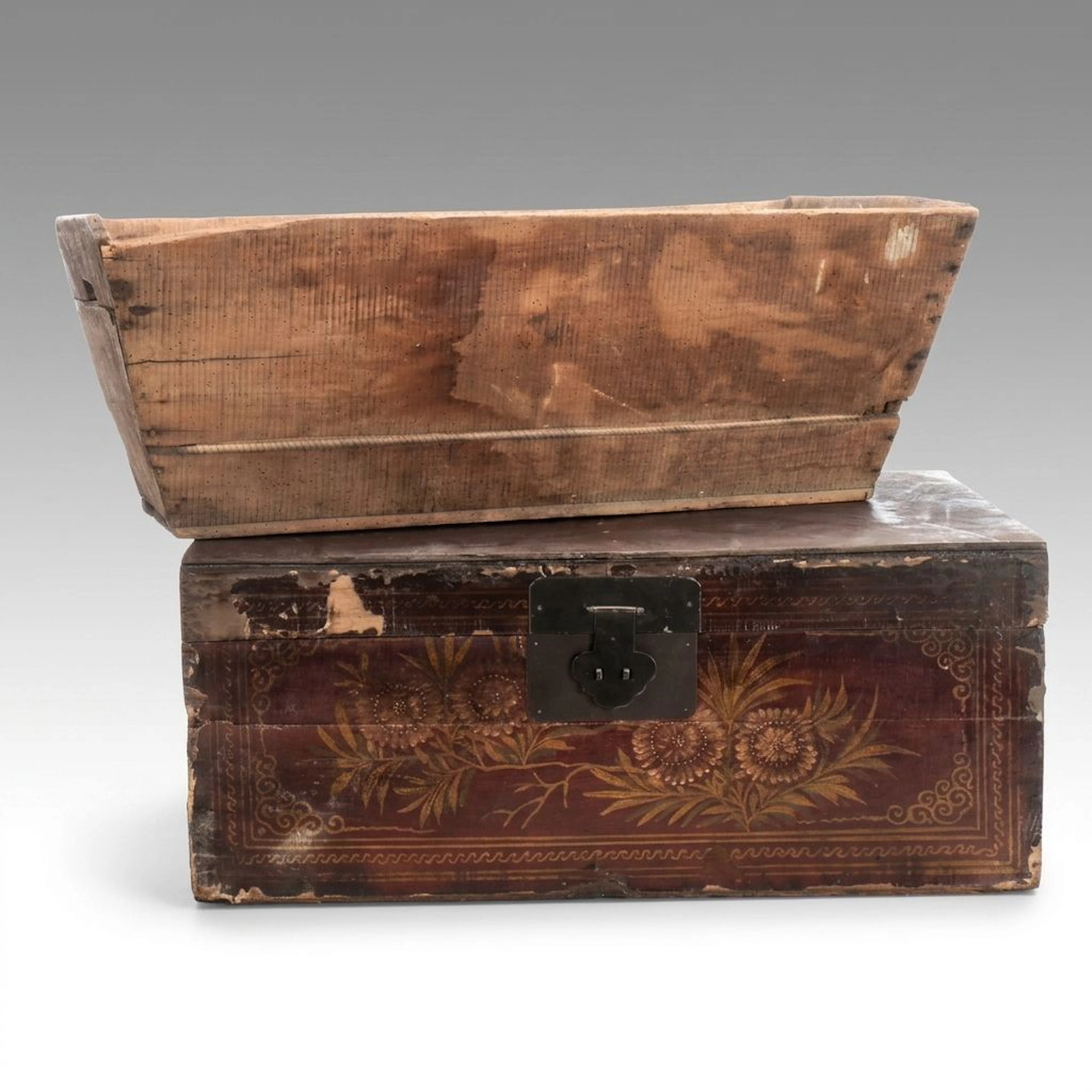 Chinese Hand-Painted Wood Trunk with Primitive Crate